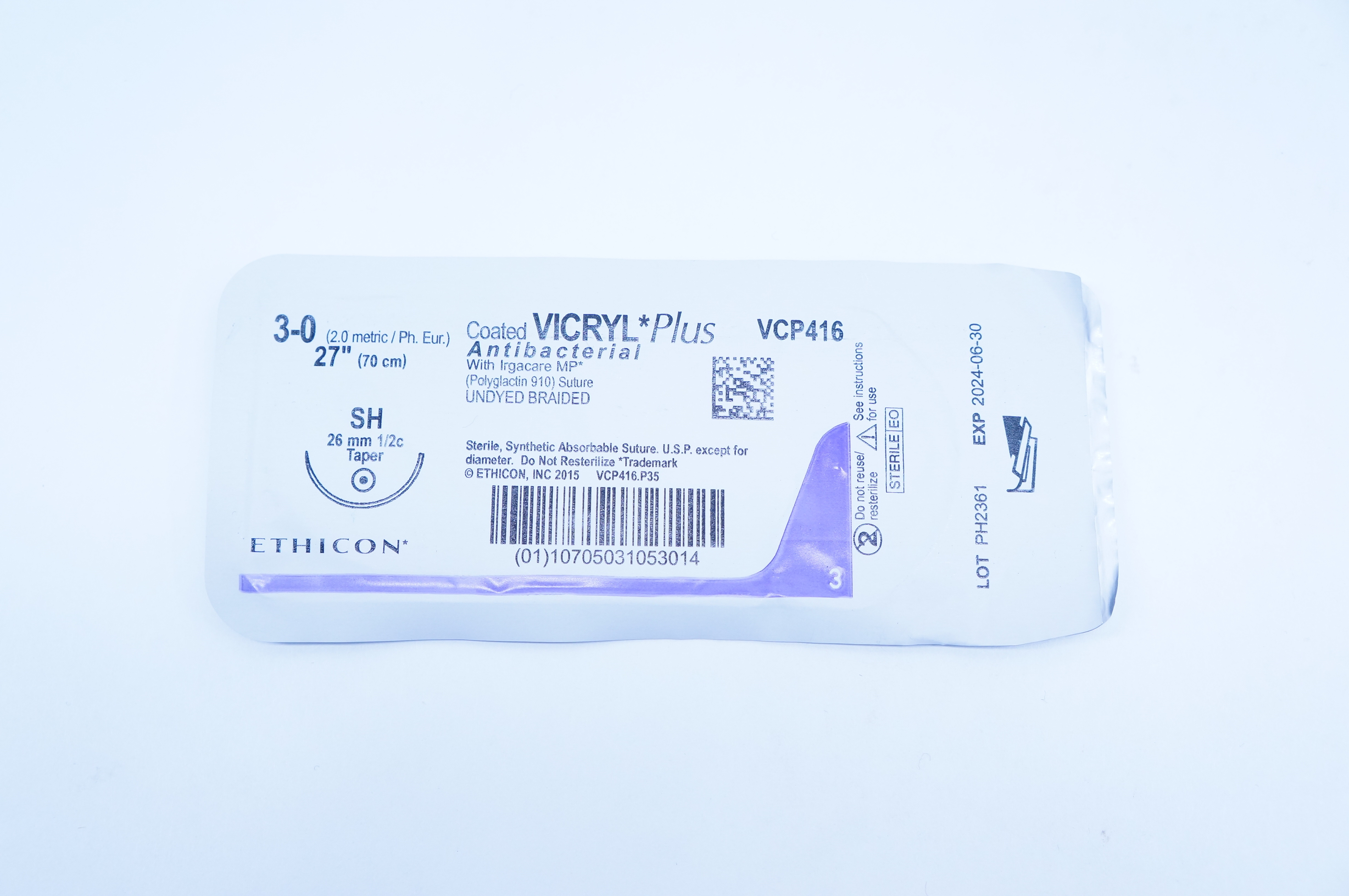 Ethicon VCP416 3-0 VICRYL Plus, SH, 26mm 1/2c Taper, 27inch