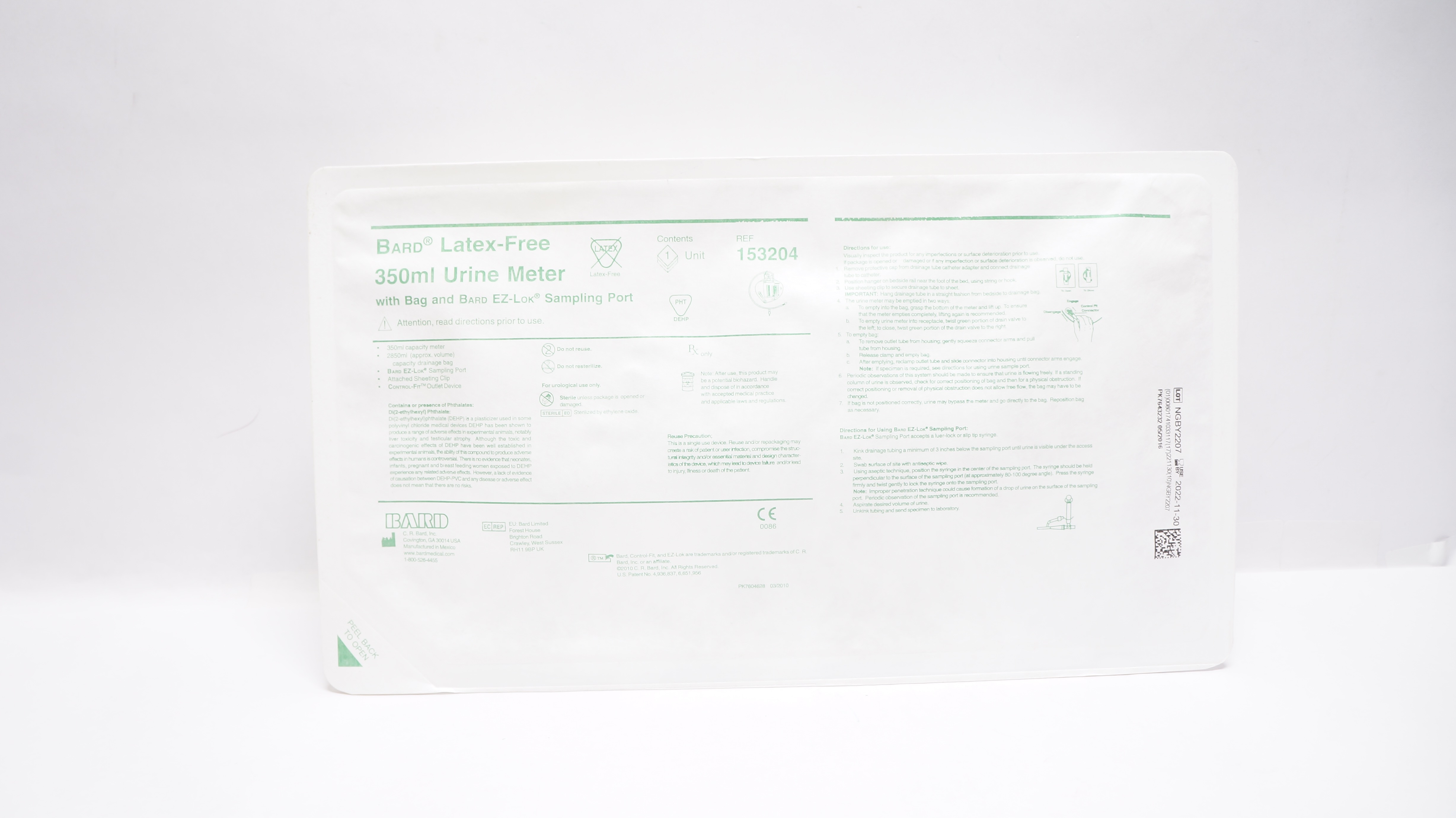 Bard 153204 Latex-Free 350mL Urine Meter w/Bag and Bard EZ-Lok Sampling Port (x)