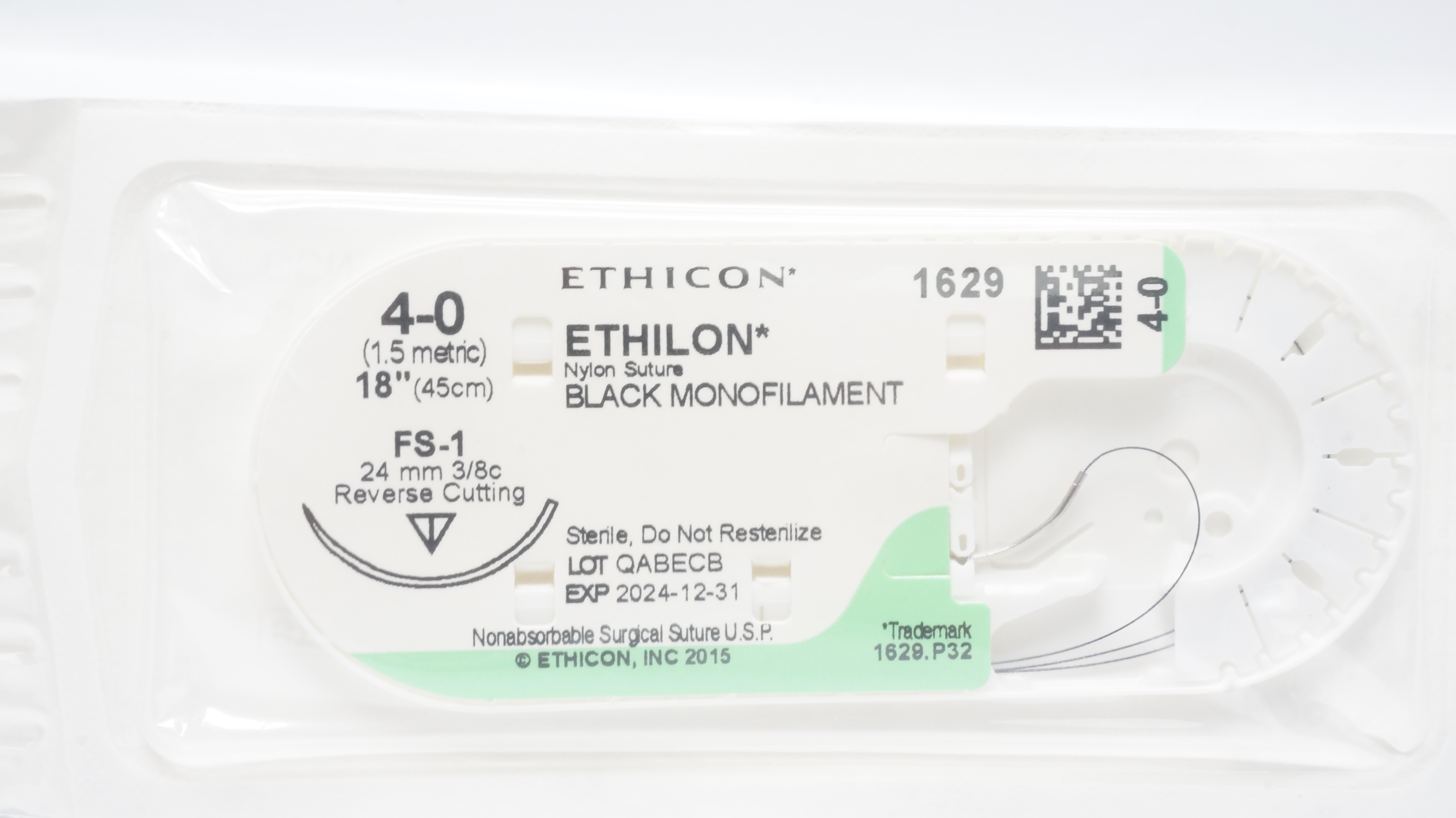 Ethicon 1629 4-0 ETHILON Nylon Stre FS-1 24mm 3/8c Reverse Cutting 18inch