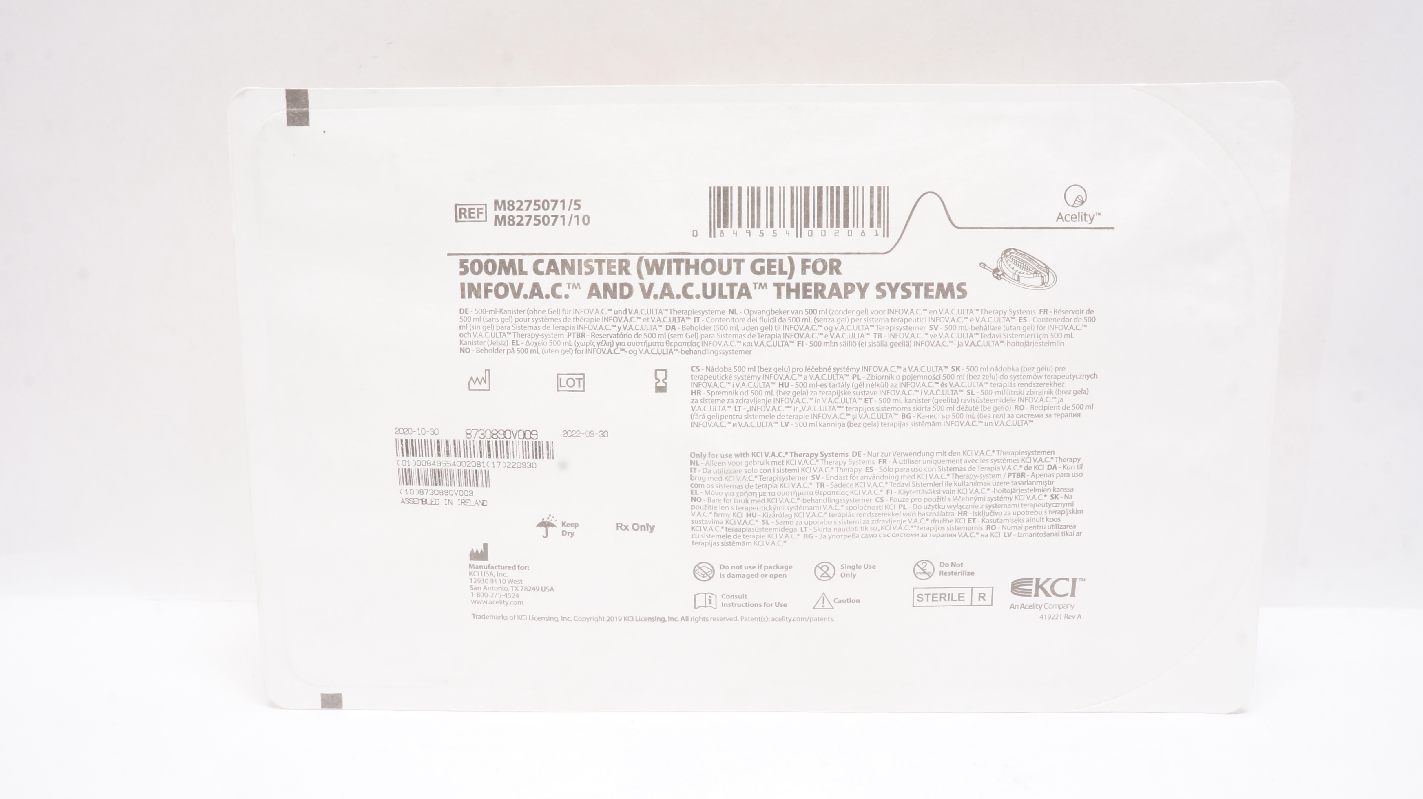 KCI M8275071/5, 500mL Canister For INFOV.A.C. And V.A.C.ULTA Therapy Systems (x)