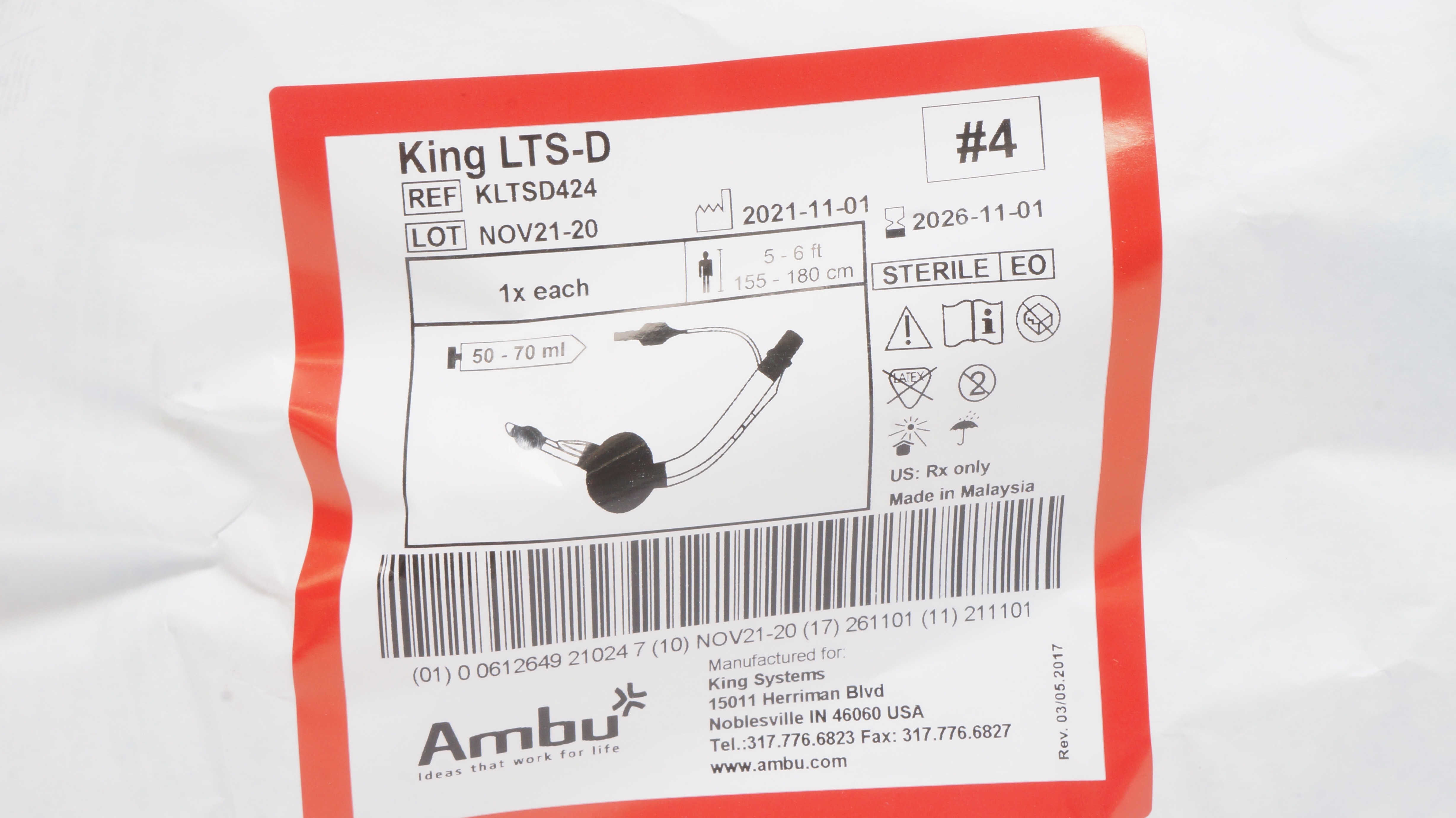 AMBU KLTSD424 King LTS-D Disposable Laryngeal Tube 5-6ft, 50-70ml, #4