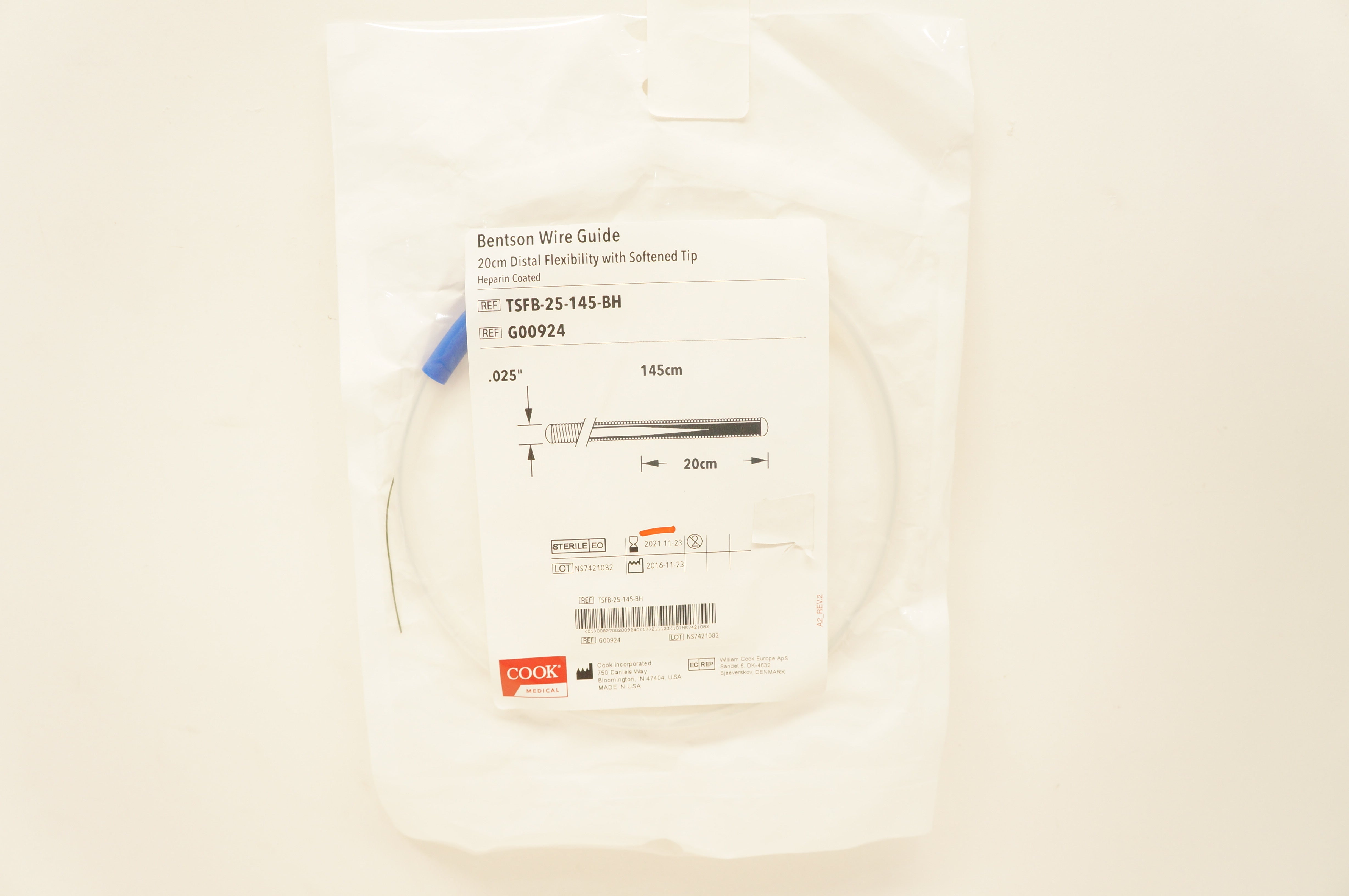 Cook Medical G00924 Bentson Wire Guide 20cm x .025inch x 145cm