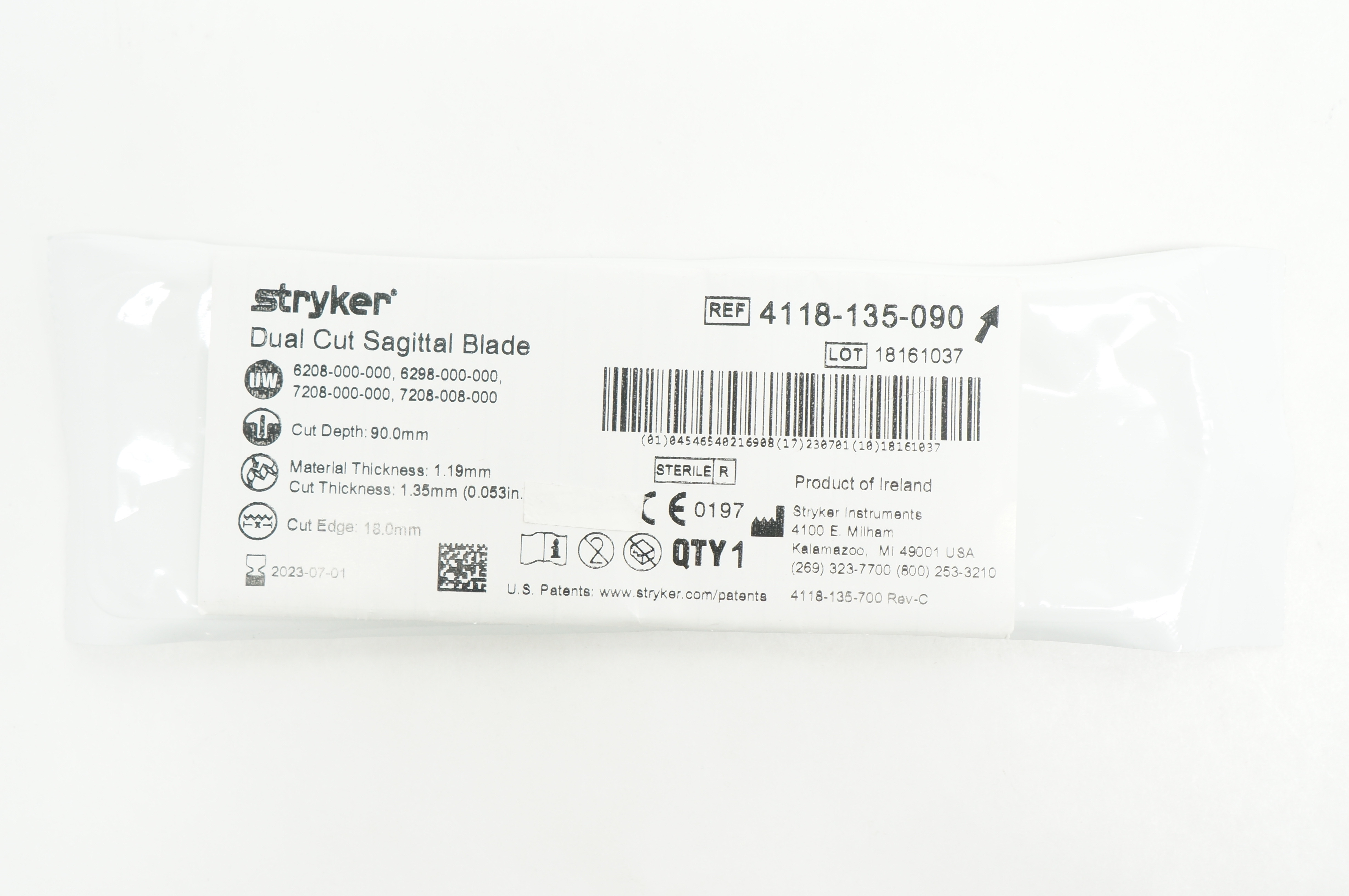 Stryker 4118-135-090 DualCut Sagittal Blade 90.0mm x 1.19mm x 18.0mm