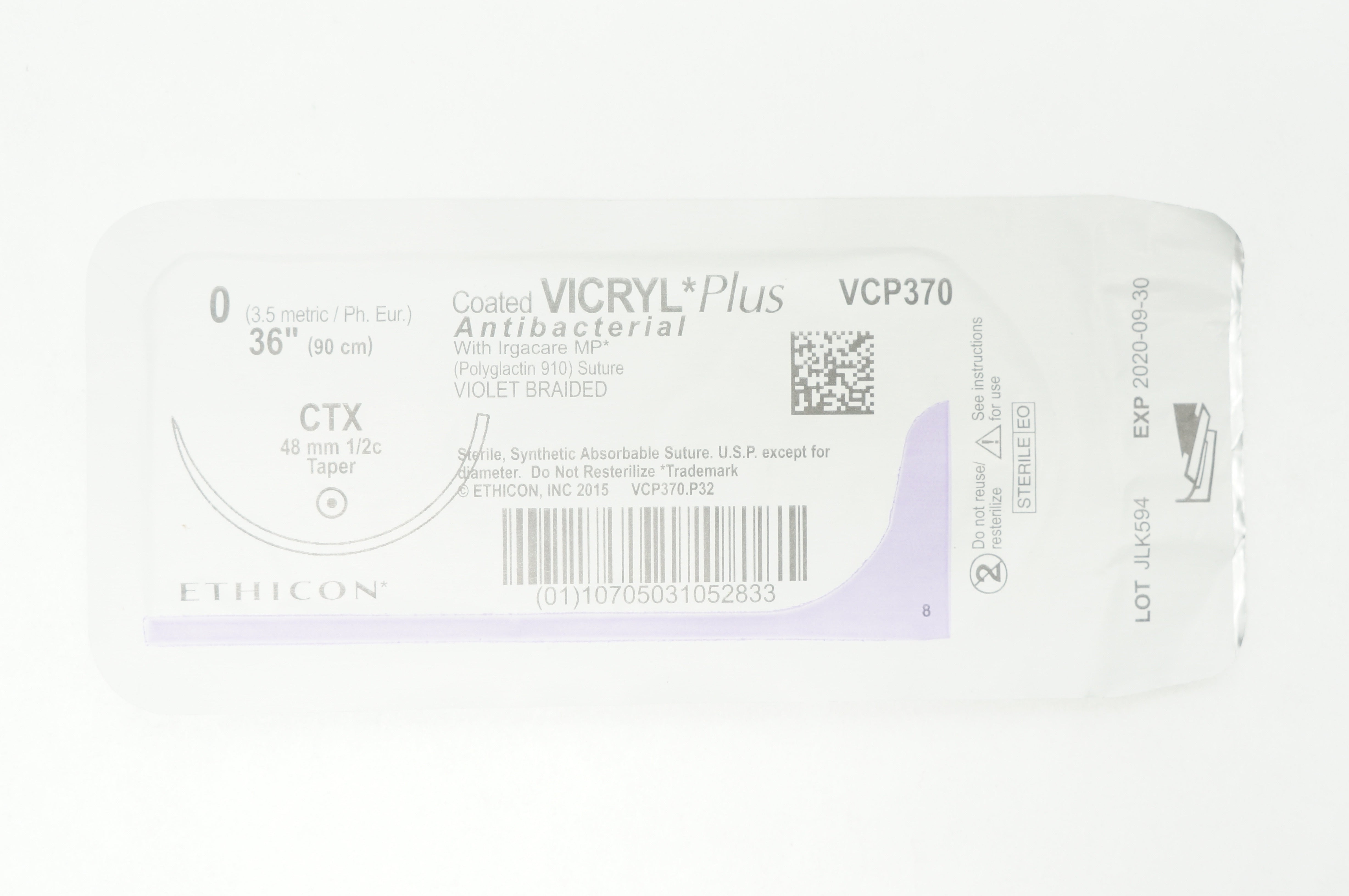 Ethicon VCP370 0 VICRYL Plus CTX, 48mm 1/2c Taper, 36inch (x)