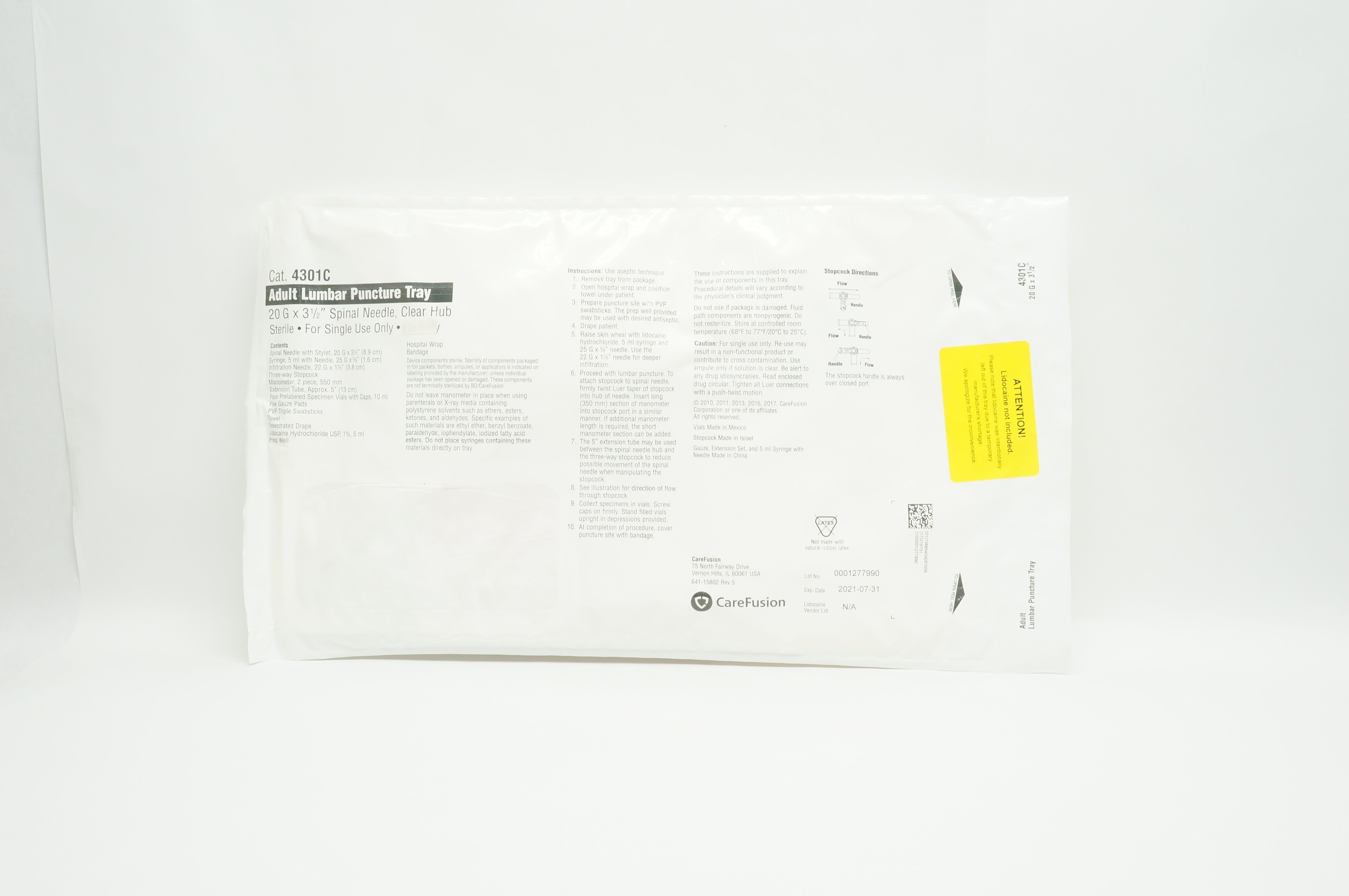 CareFusion 4301C Adult Lumbar Puncture Tray 20G x 3-1/2inch Spinal Ndle (x)