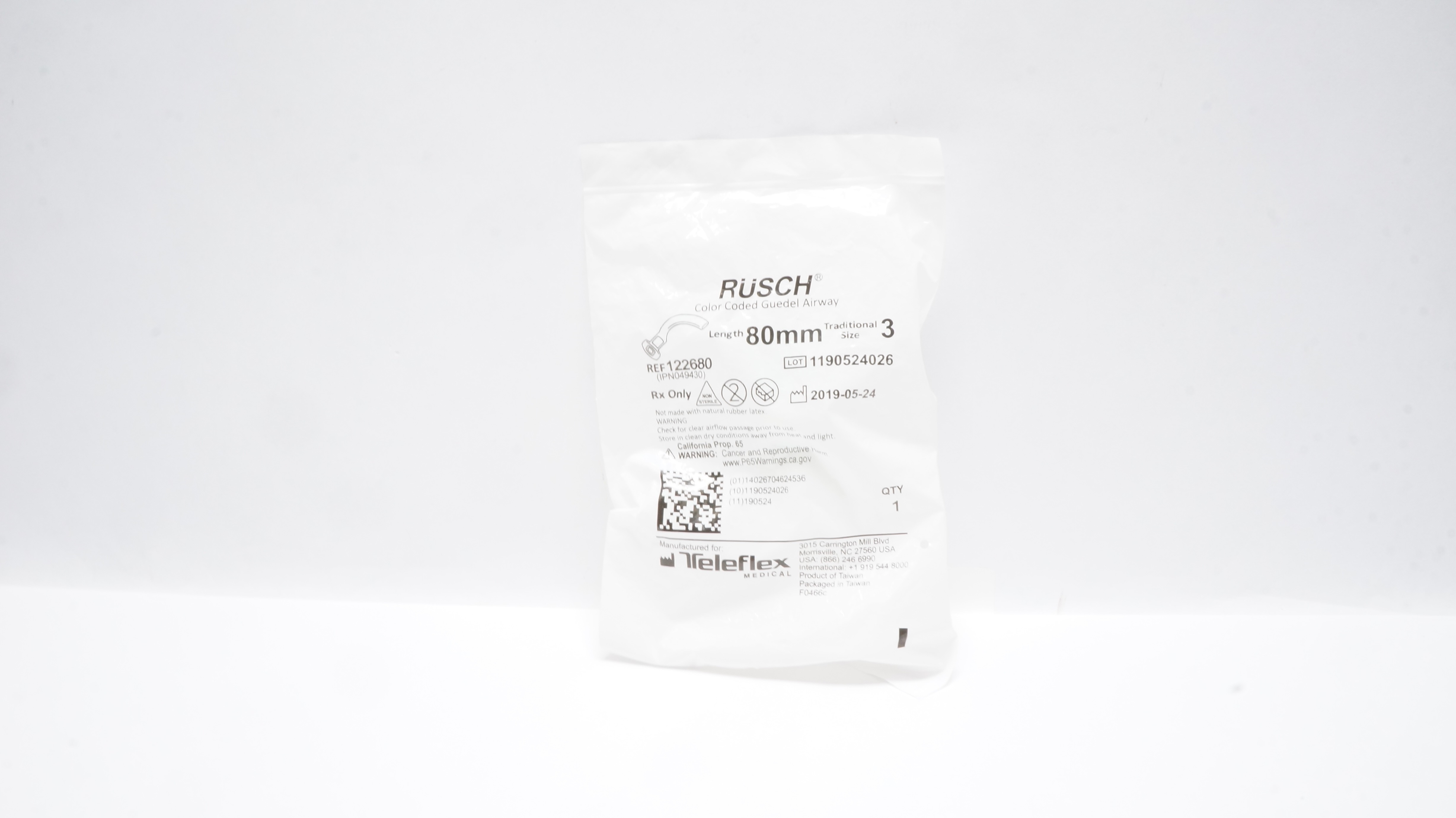 Teleflex 122680 Rusch Color Coded Guidel Airway, Size 3 80mm