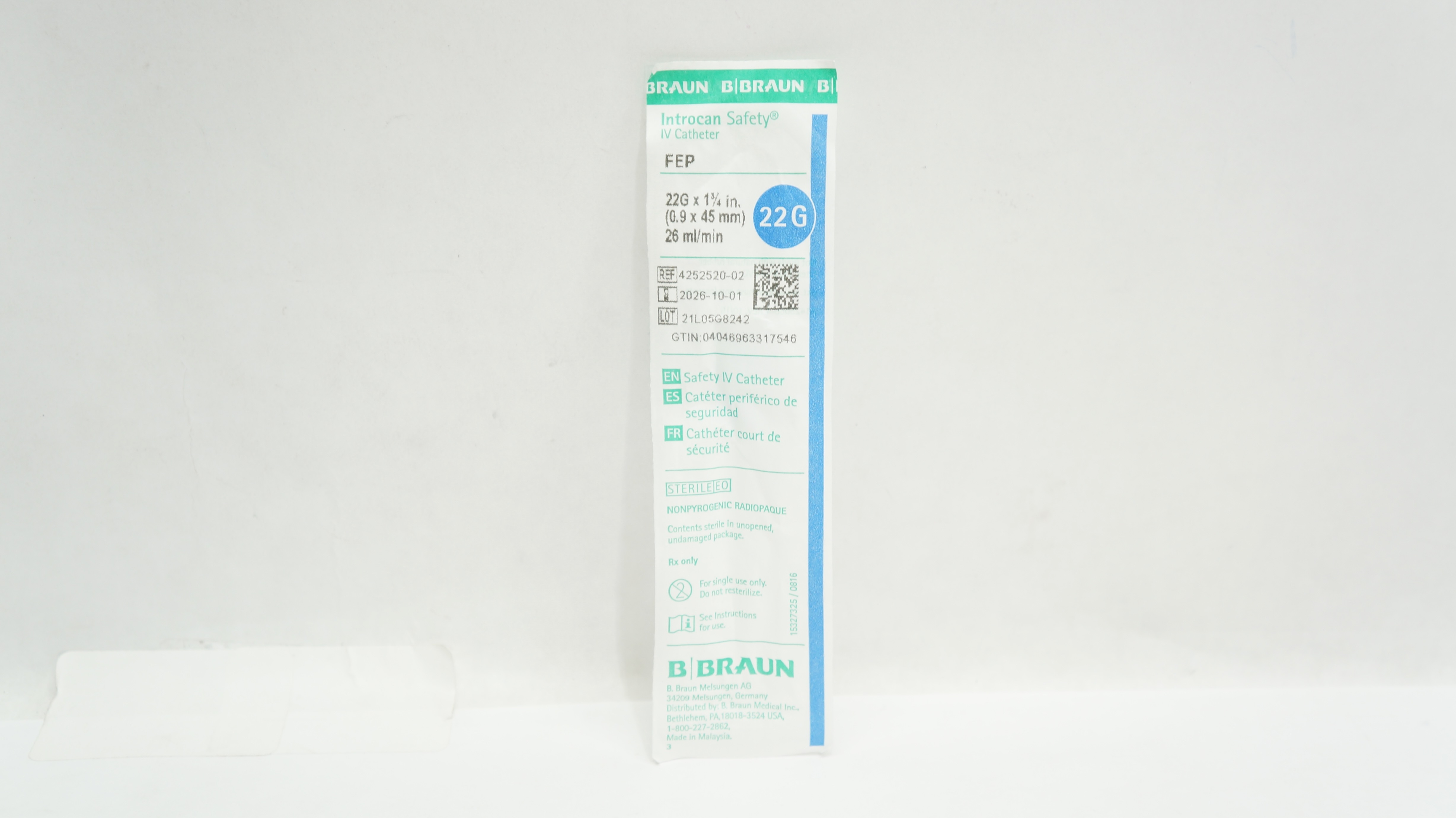 Braun 4252520-02 Introcan Safety FEP IV Cath. 22G x 1 3/4inch 26ml/min