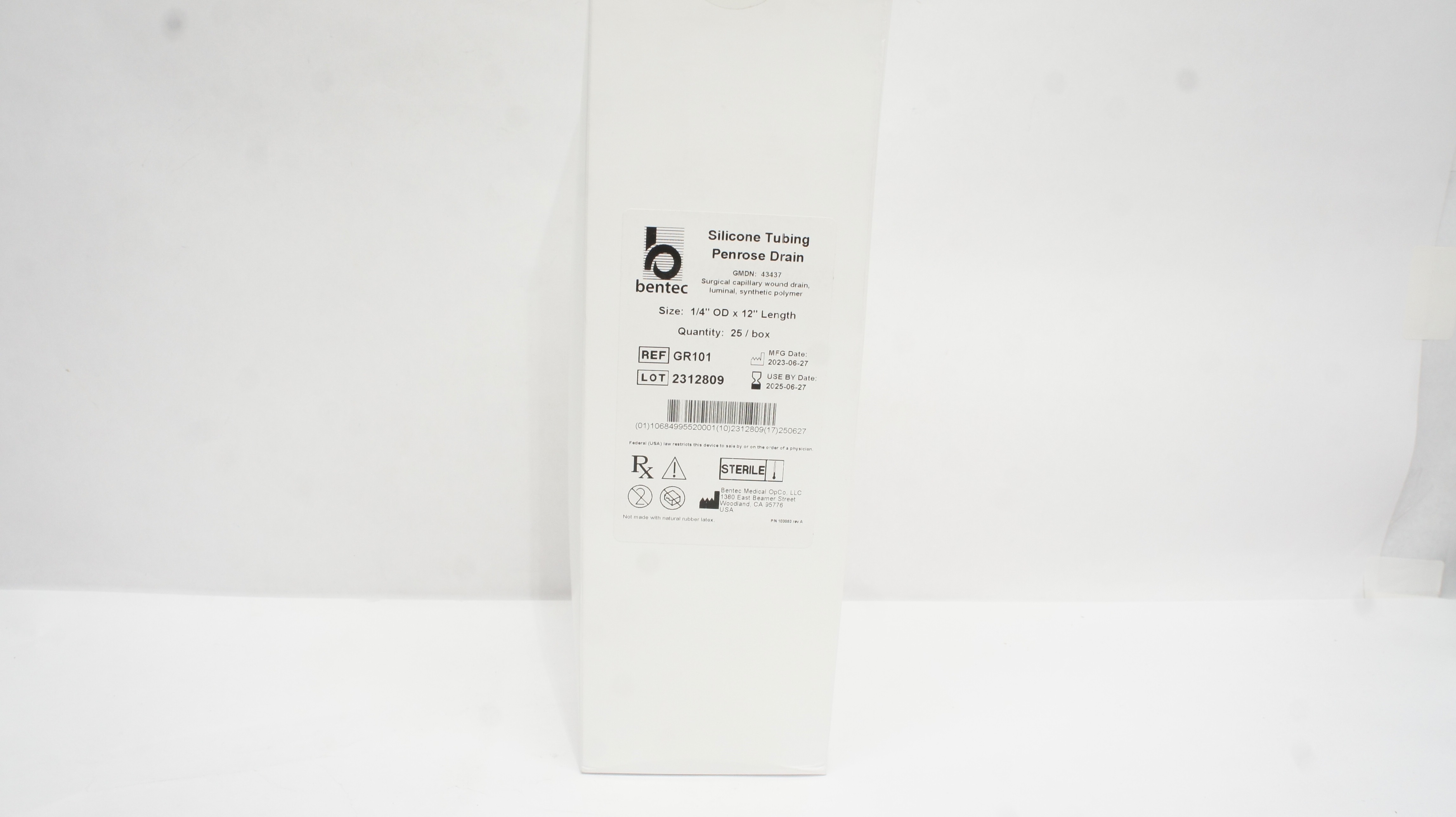 Bentec Medical GR101 Silicone Tubing, Prenrose Drain 1.4 x 12In Length-Box of 25