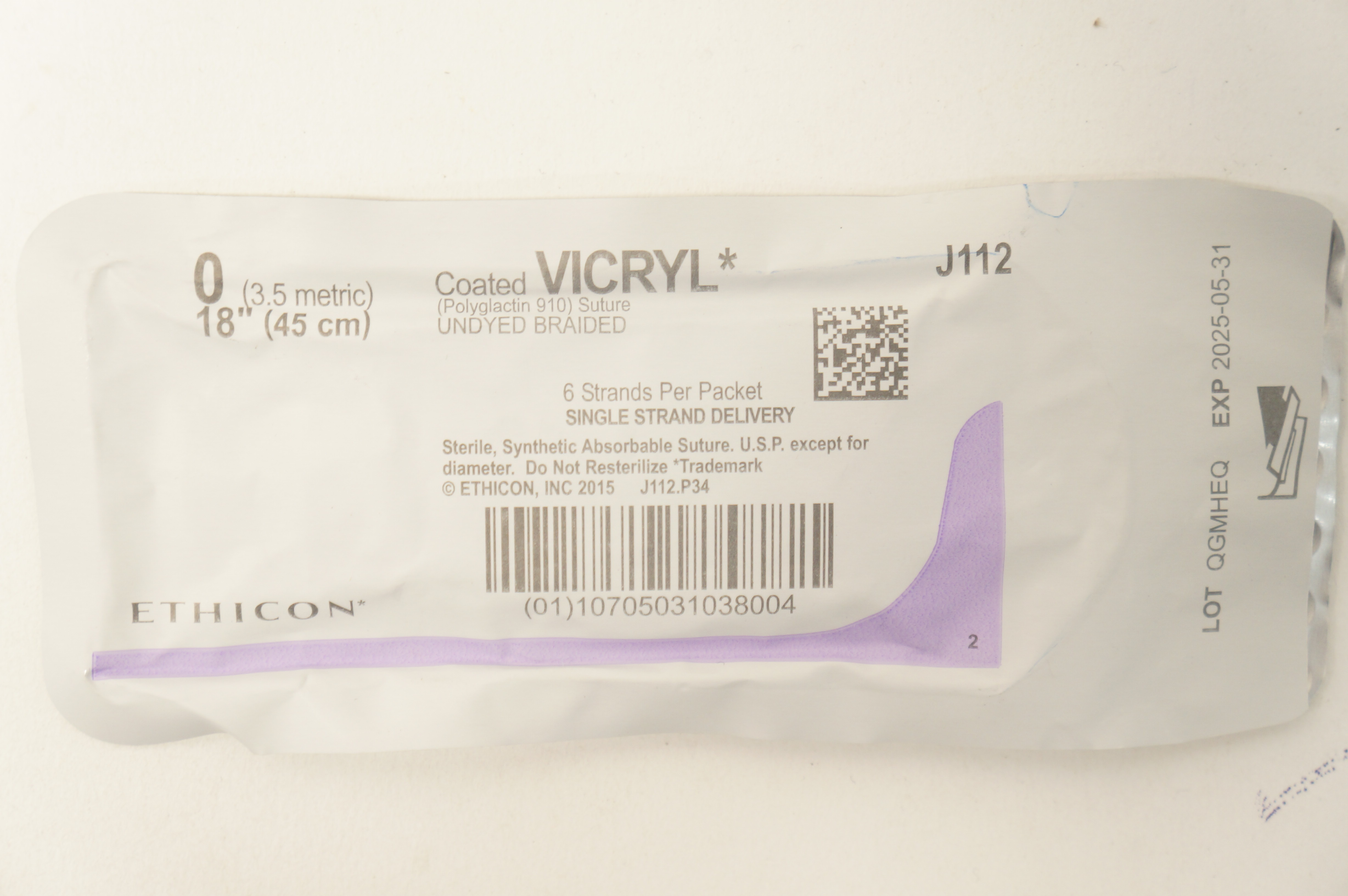 Ethicon J112 0 VICRYL Undyed Braided, 18inch