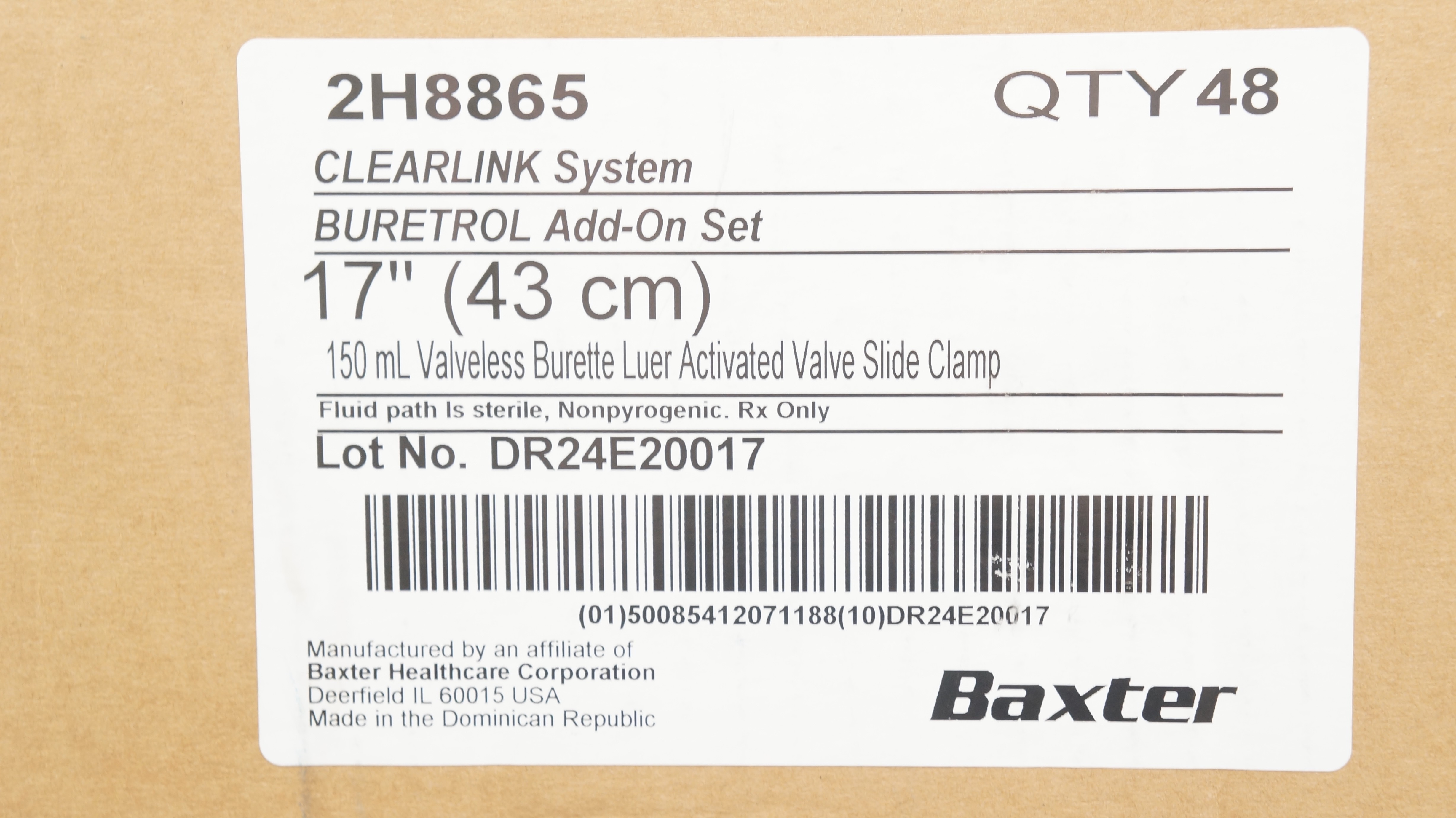 Baxter 2H8865 Clearlink System Buretrol Add-On Set 17 inch x 150mL - Case of 48