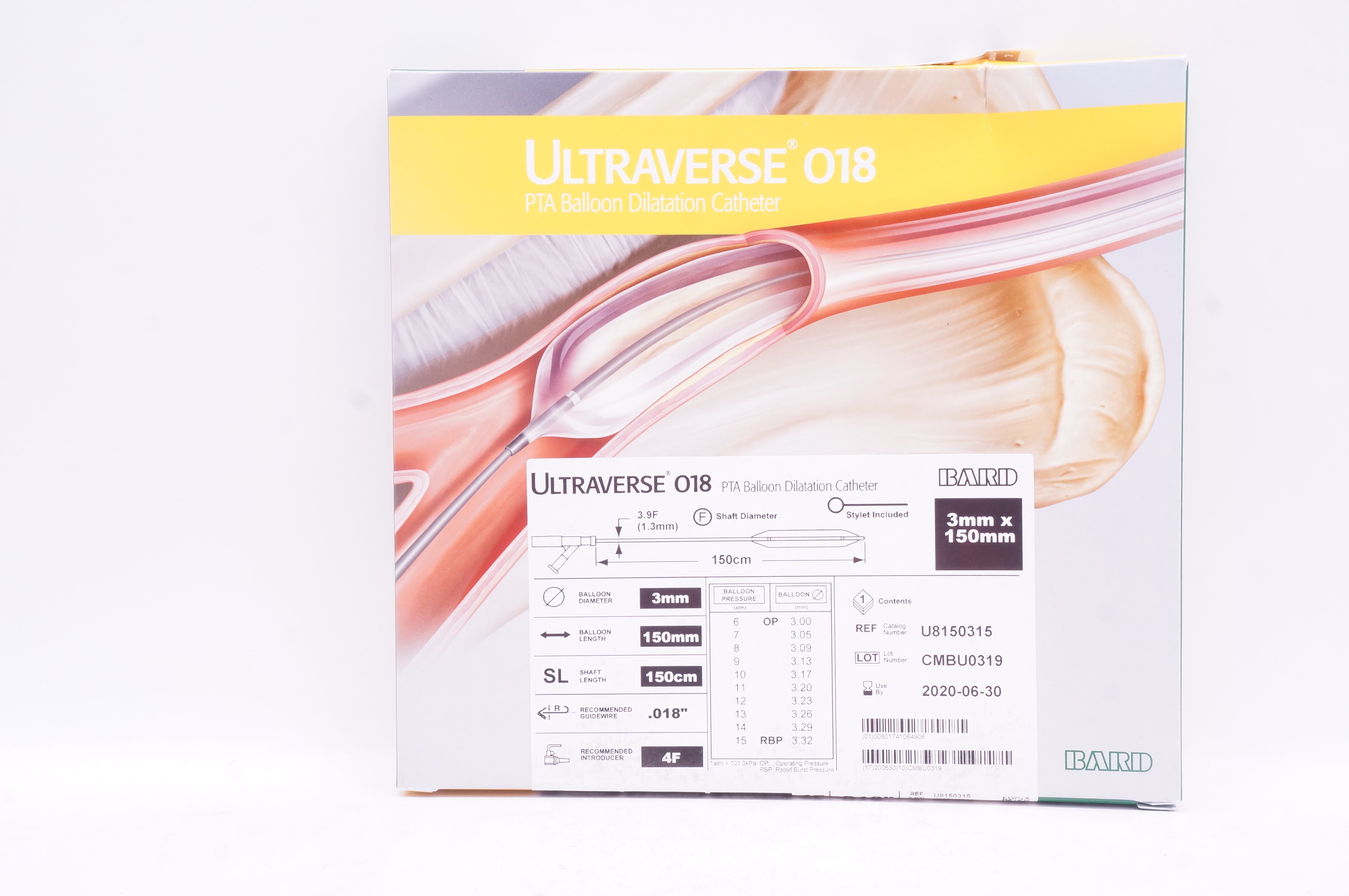 Bard U8150315 Ultraverse 018 PTA Balloon Dilatation Catheter 3mm x 150mm (x)