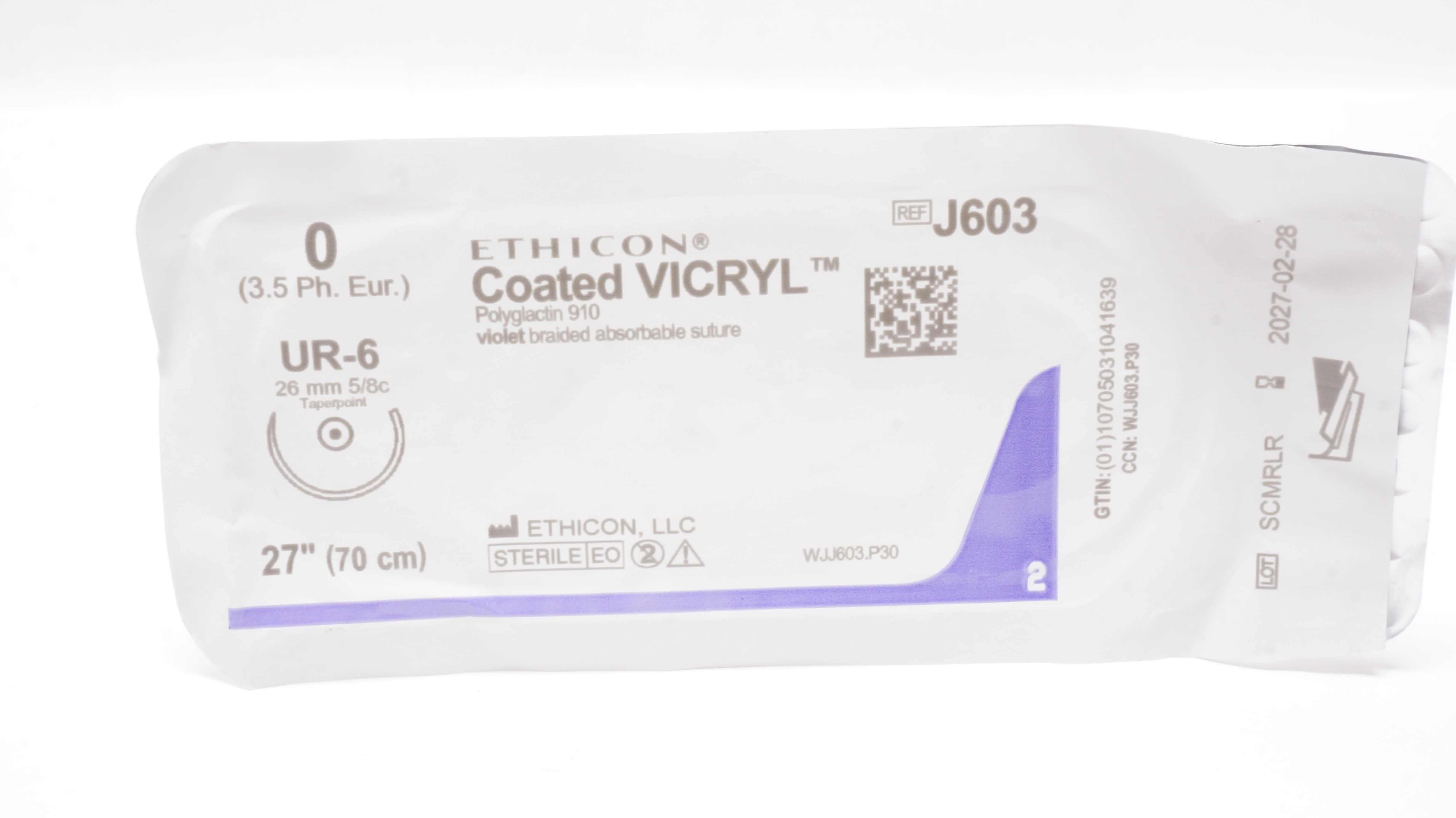 Ethicon J603 0 Coated VICRYL Stre, UR-6, 26mm 5/8c Taperpoint, 27inch