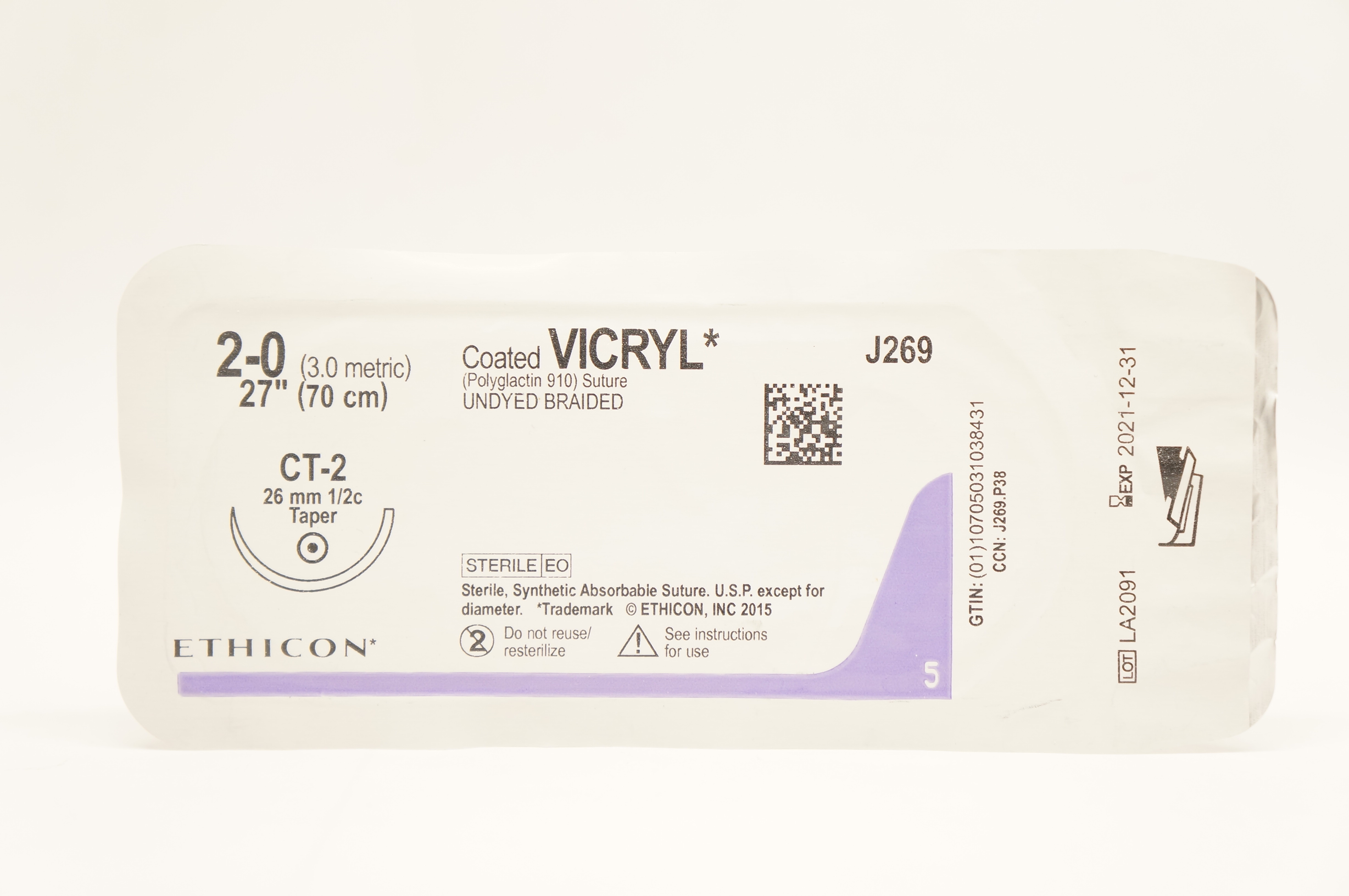 Ethicon J269 2-0 Coated VICRYL Stre CT-2 26mm 1/2c Taper 27 inch (x)