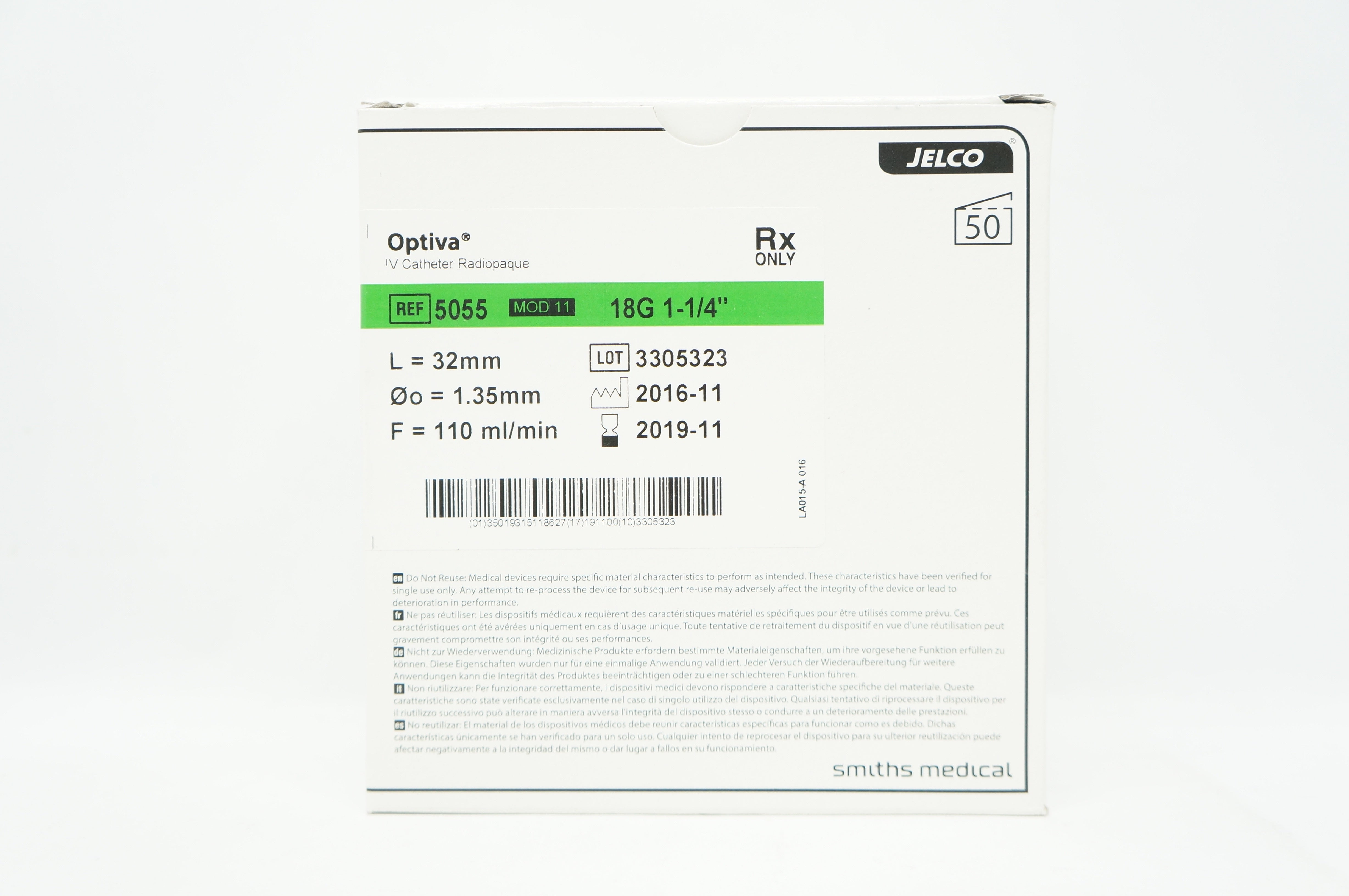 Smiths Medical 5055 Optiva IV Cath. Radiopaque 18G x 1-1/4in. - Box of 50 (x)