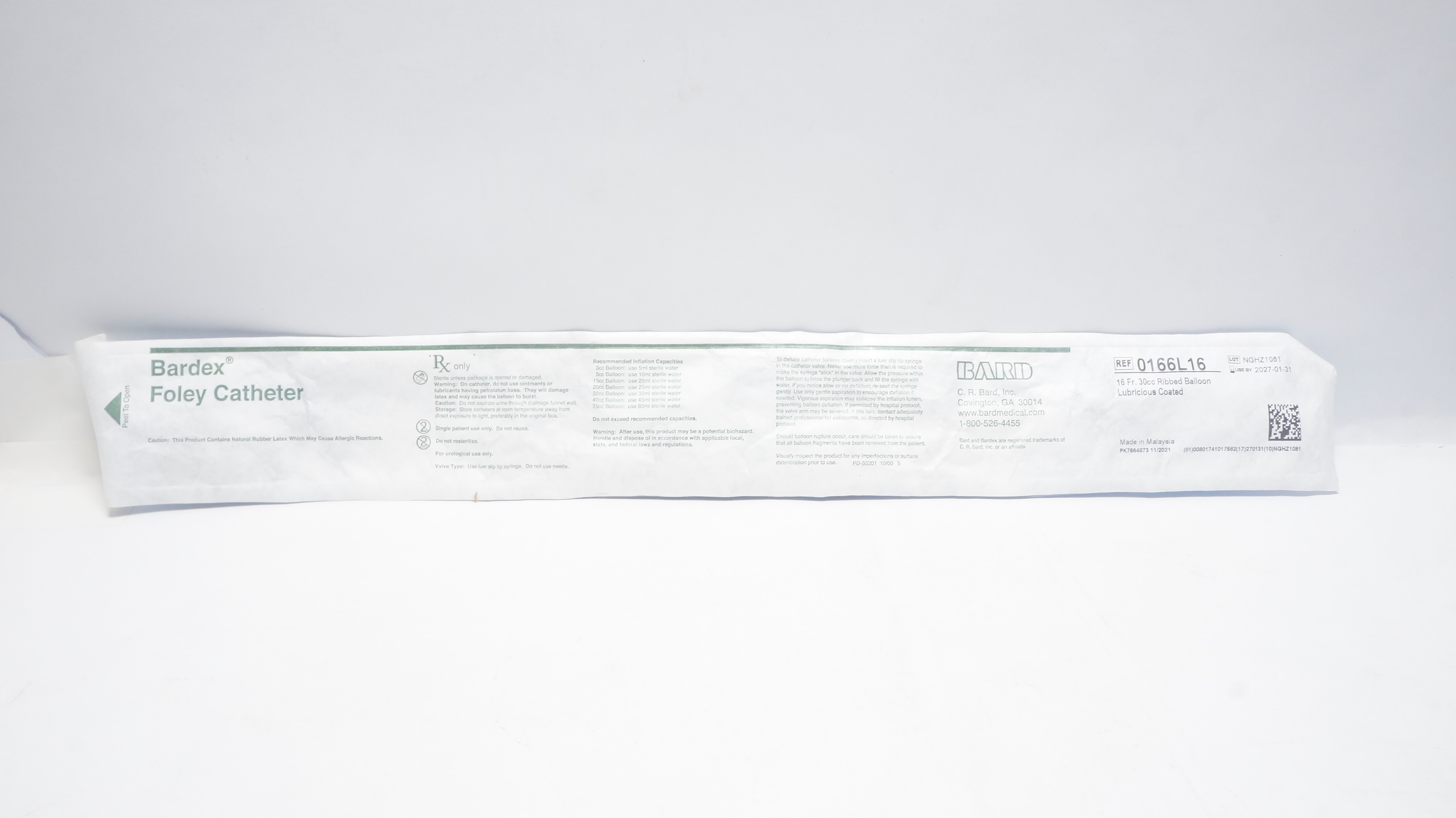 Bard 0166L16 Bardex Lubricath Latex Foley Cath. 16Fr 30cc Ribbed Balloon