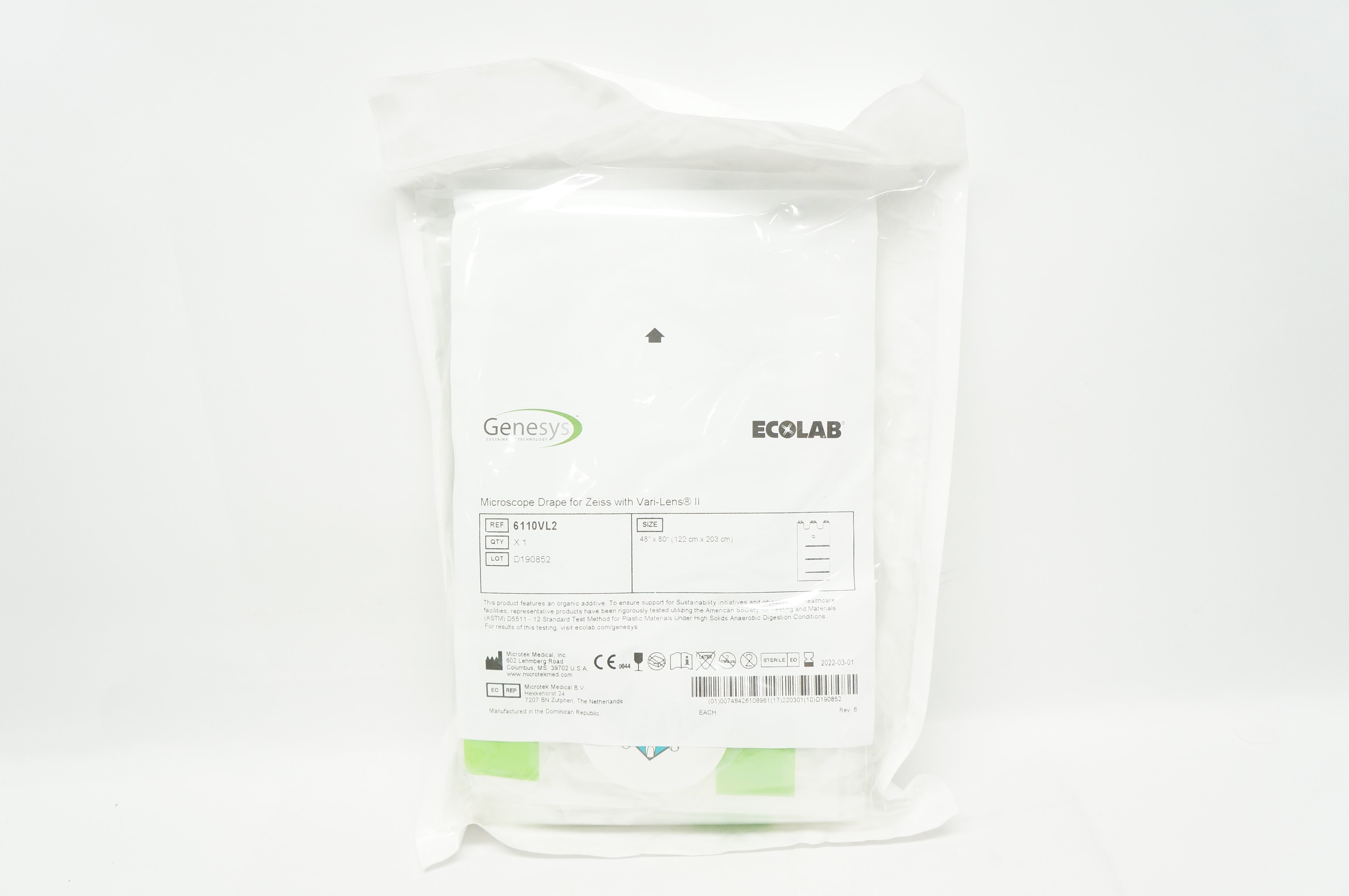 Microtek 6110VL2 Ecolab Microscope Drape For Zeiss W/Vari-Lens II 48 x 80inch(x)