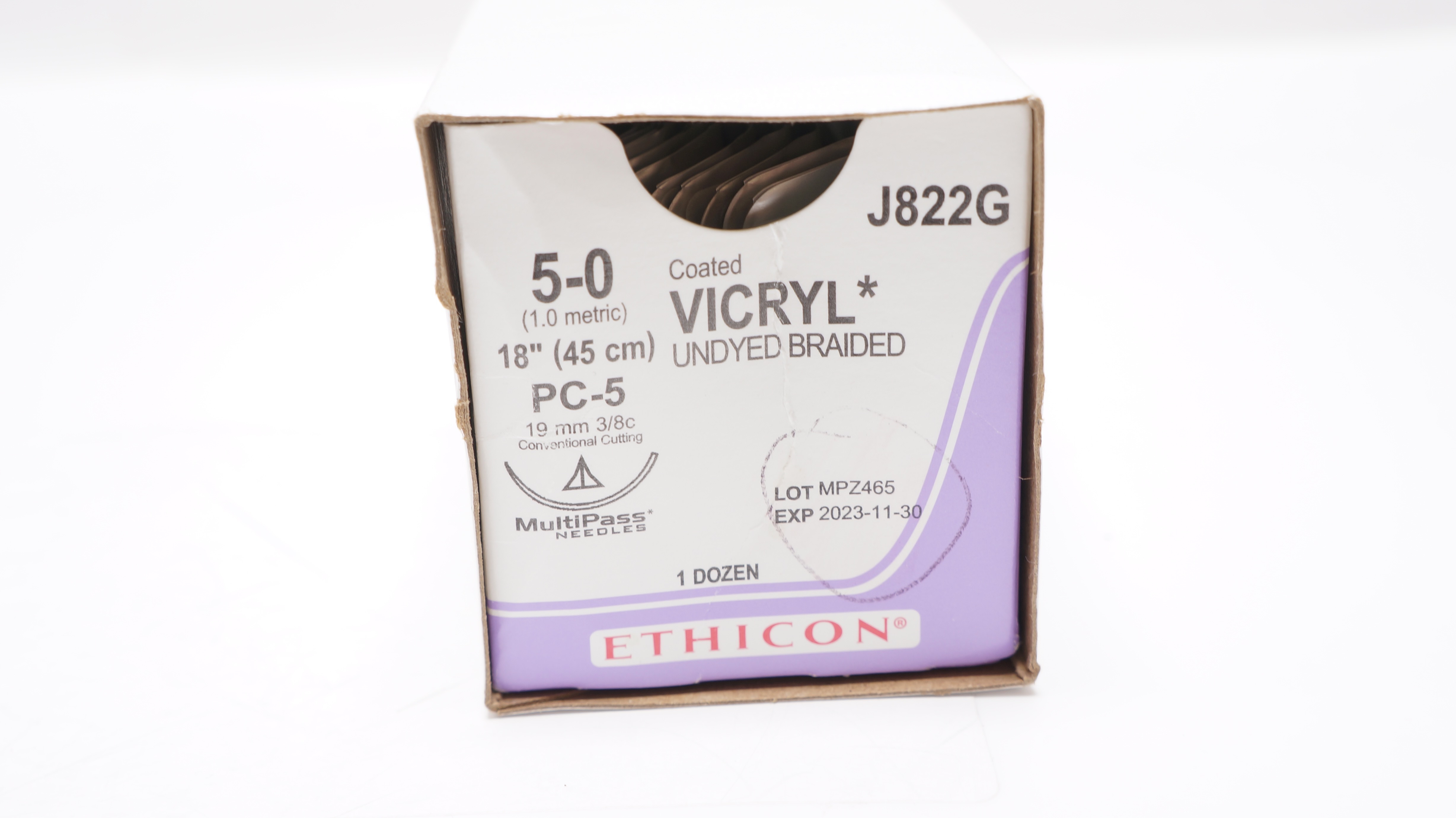 Ethicon J822G 5-0 Vicryl PC-5, 19mm 3/8c Conventional Cutting,18in.(x)-Box of 10