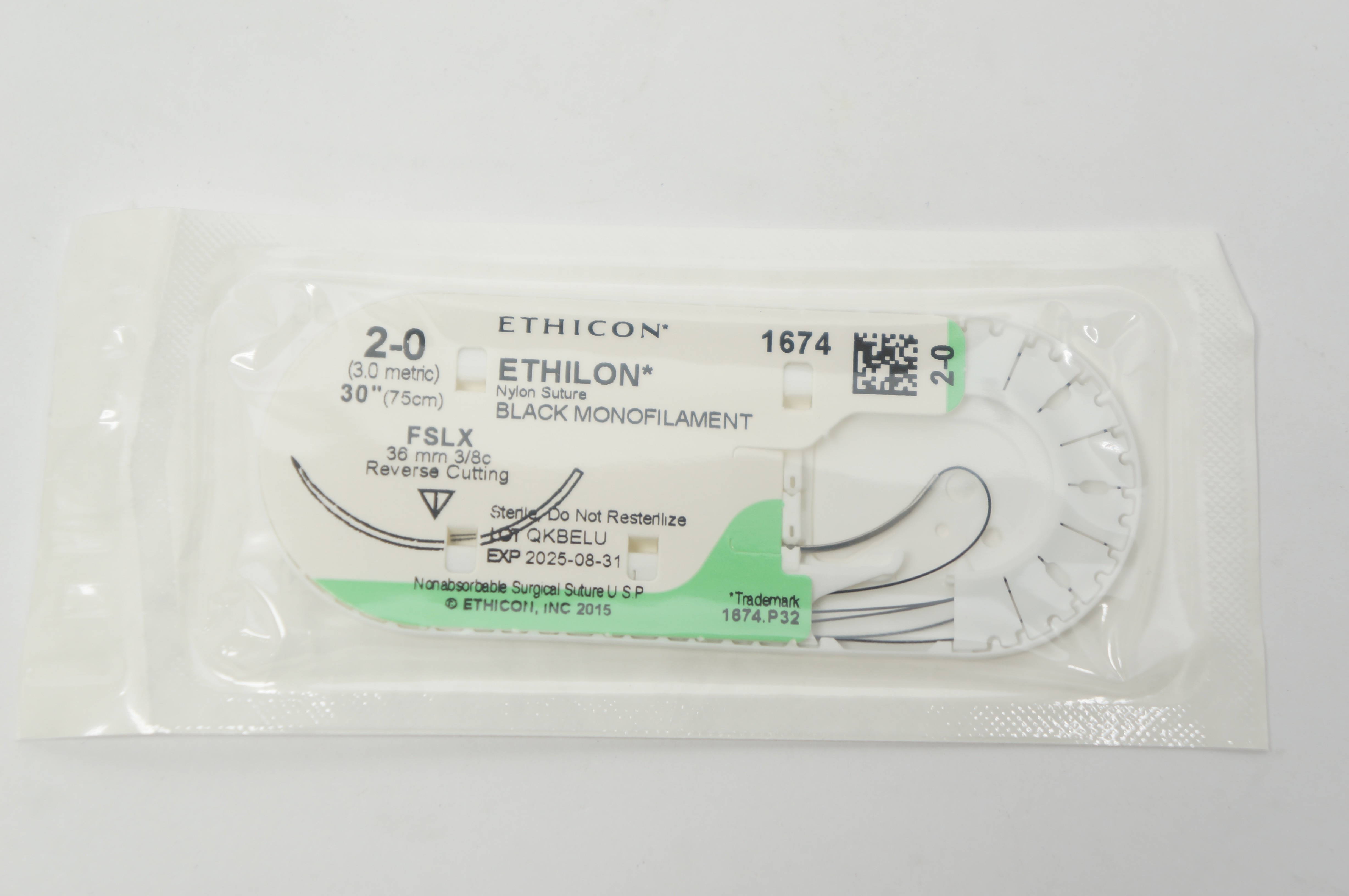 Ethicon 1674 2-0 ETHILON, FSLX, 36mm 3/8c Reverse Cutting, 30inch
