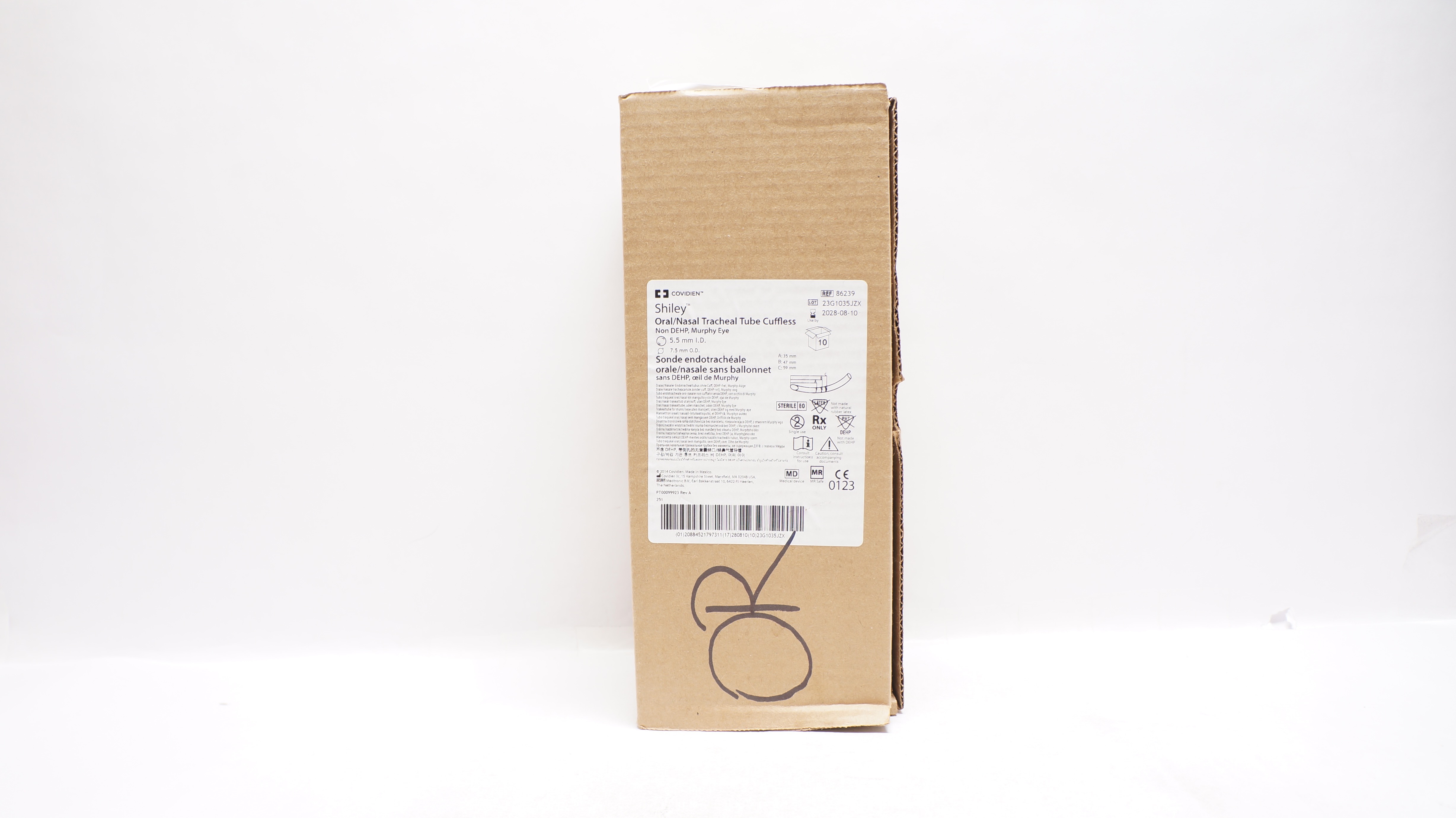 Covidien 86239 Shiley Oral/Nasal Tracheal Tube Cuffless - Box of 10