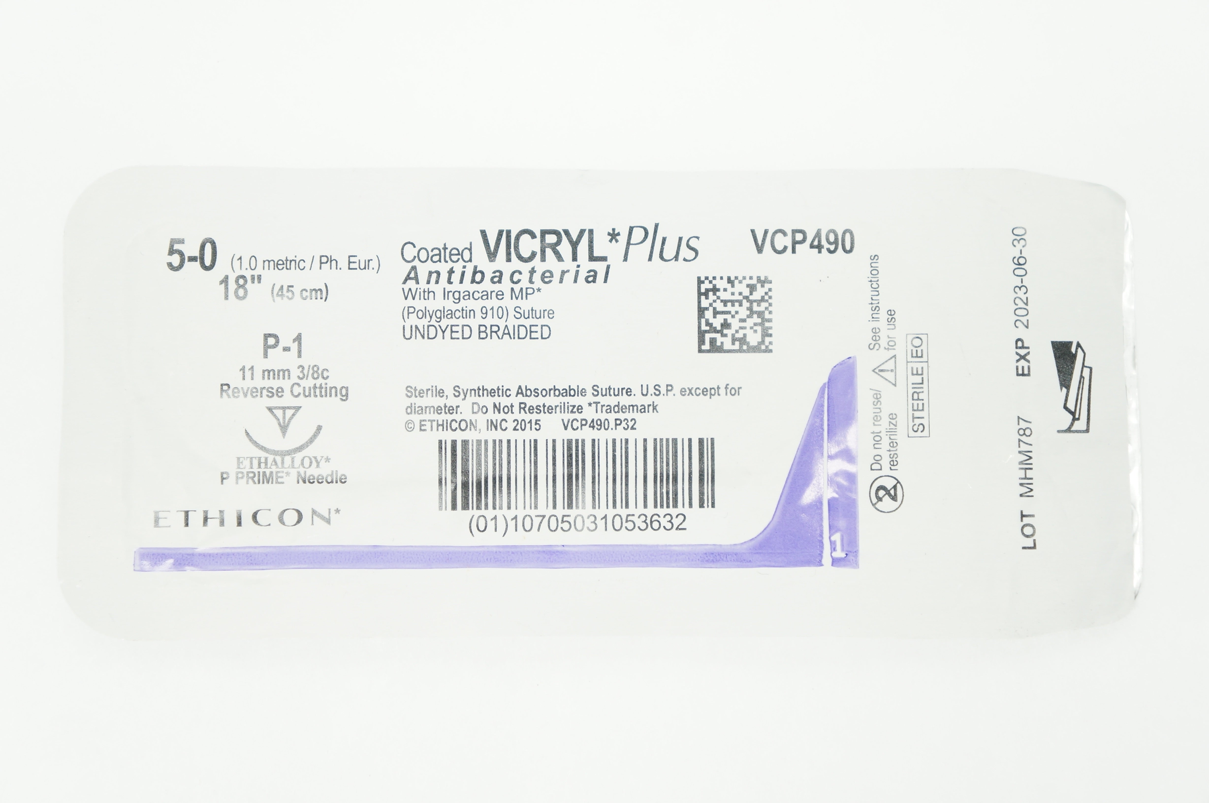 Ethicon VCP490 5-0 VICRYL Plus P-1 11mm 3/8c Reverse Cutting 18inch