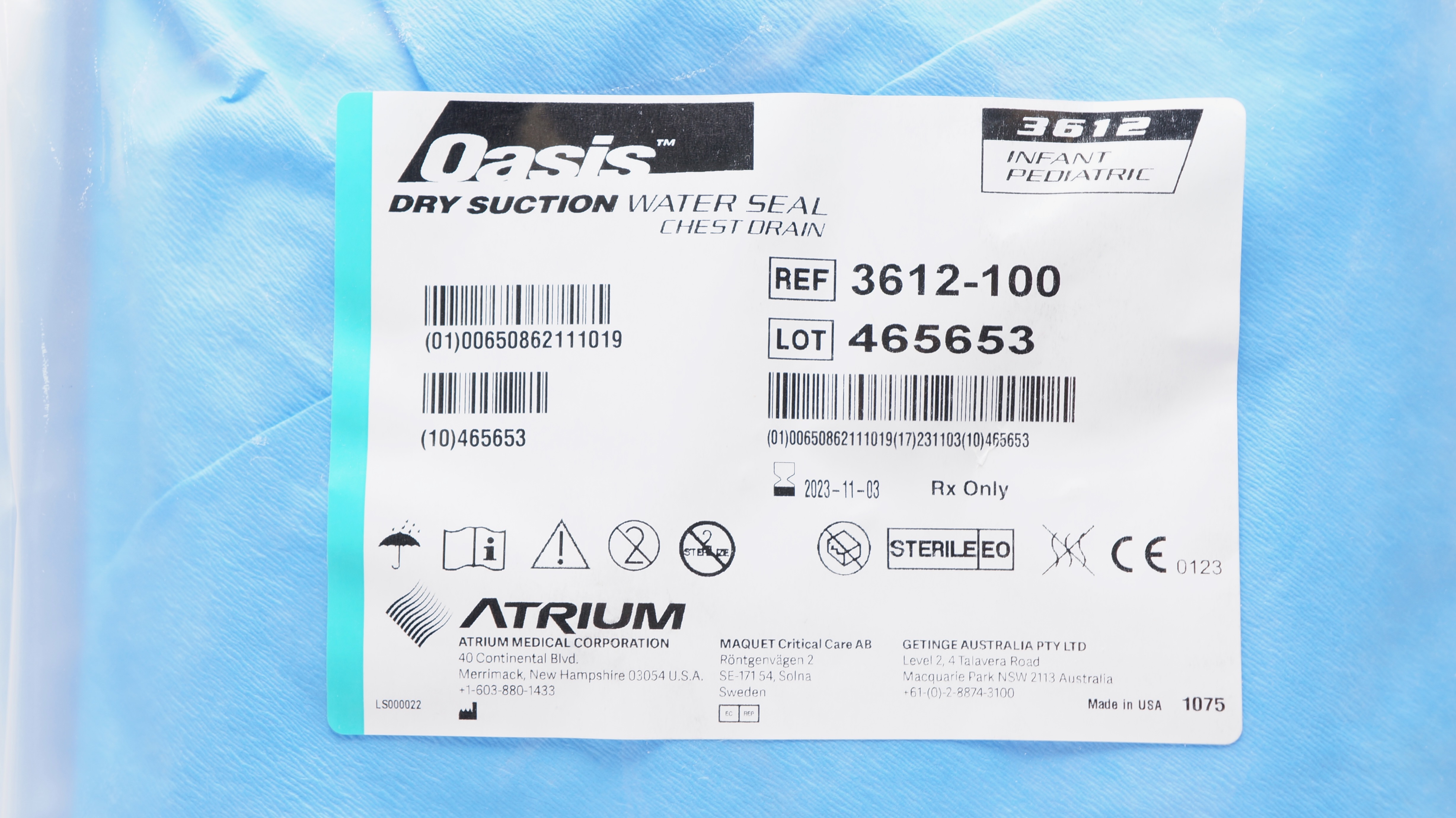 Atrium 3612-100 Oasis Dry Suction Water Seal Chest Drain Infant Pediatric (x)