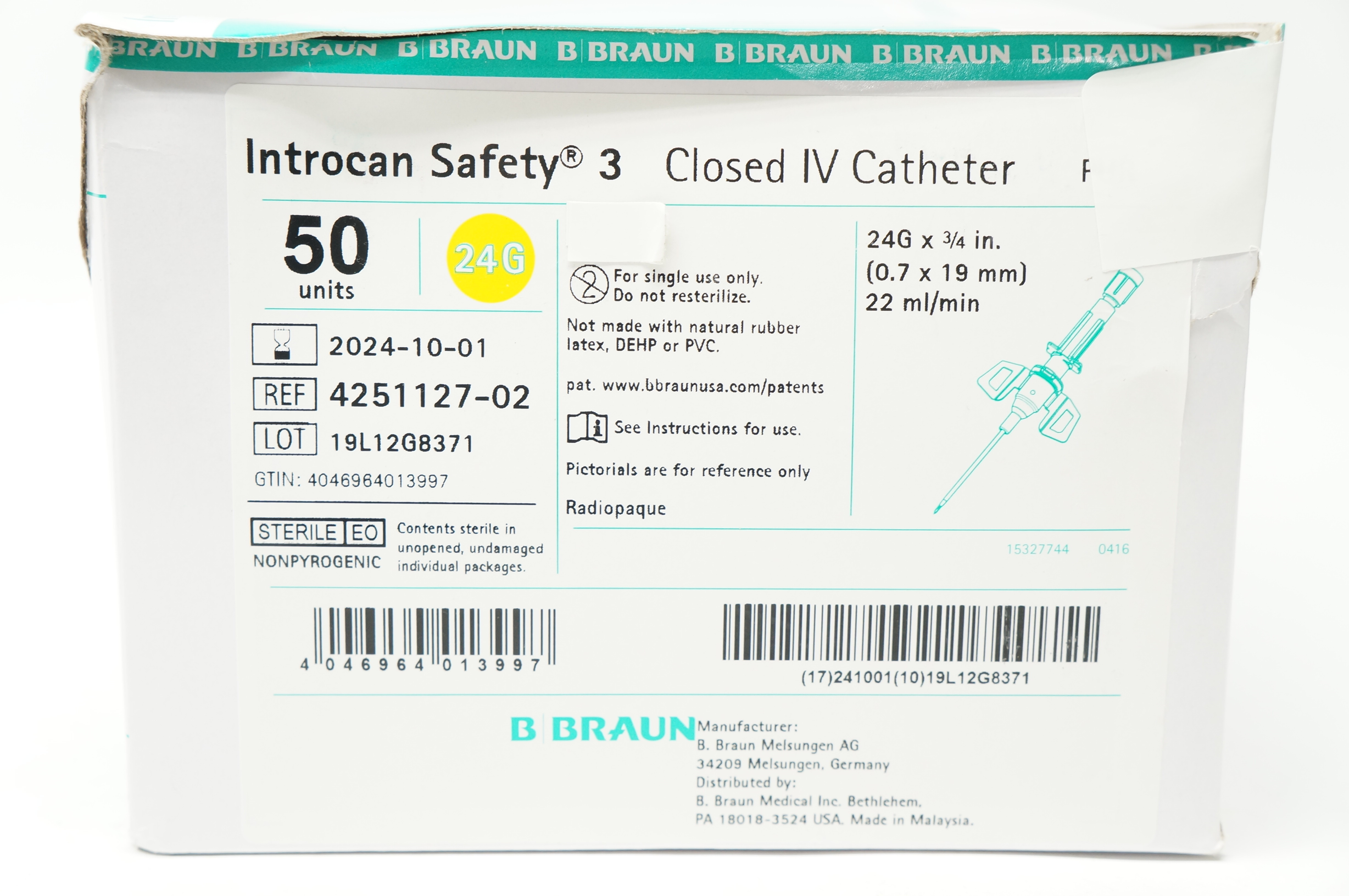 Braun 4251127-02 Introcan Safety 3 Closed IV Cath. 24G x 3/4inch - Box of 50