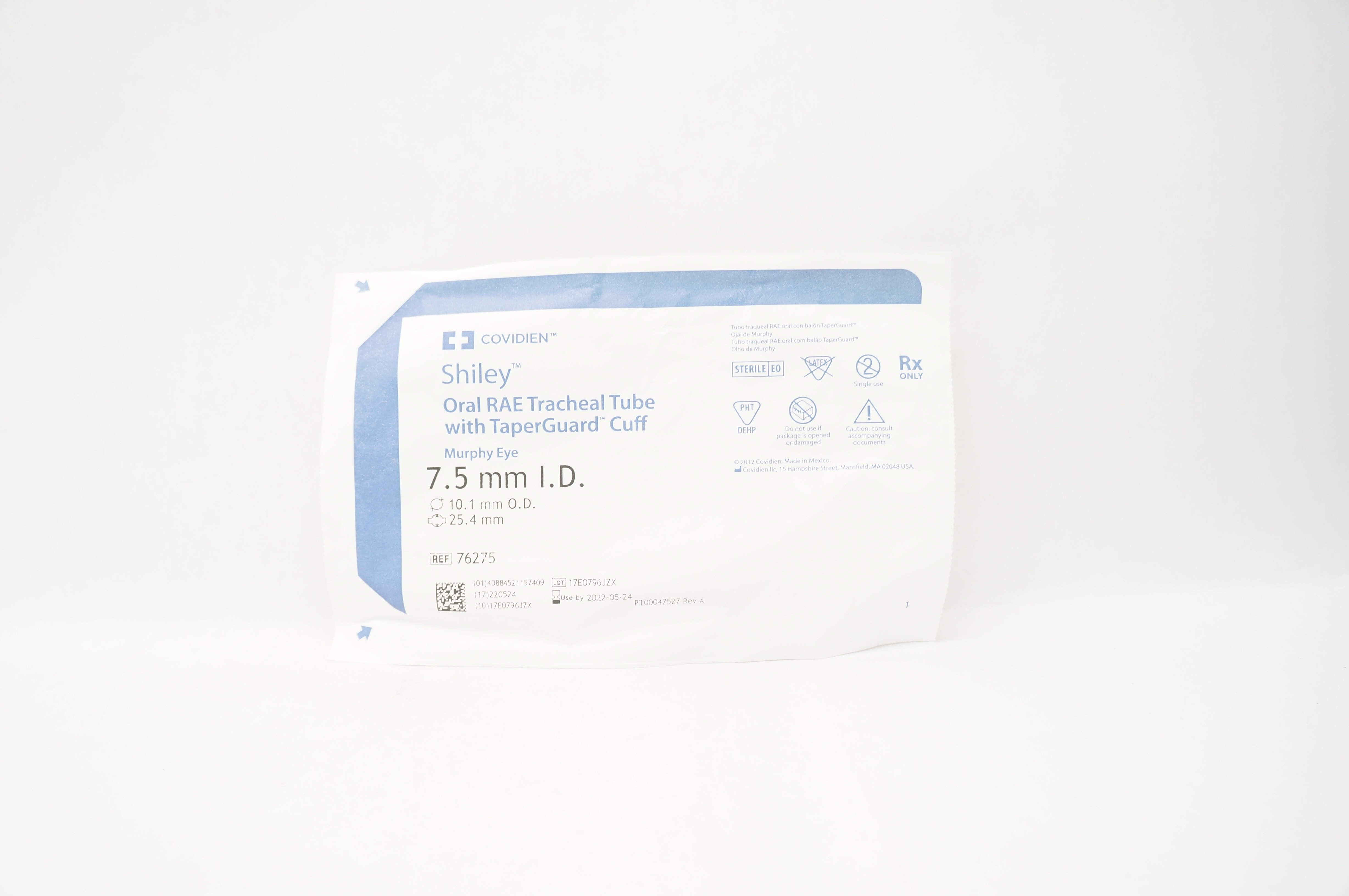 Covidien 76275 Mallinckrodt Oral RAE Tracheal Tube 7.5 ID x 10.1 OD x 25.4mm (x)