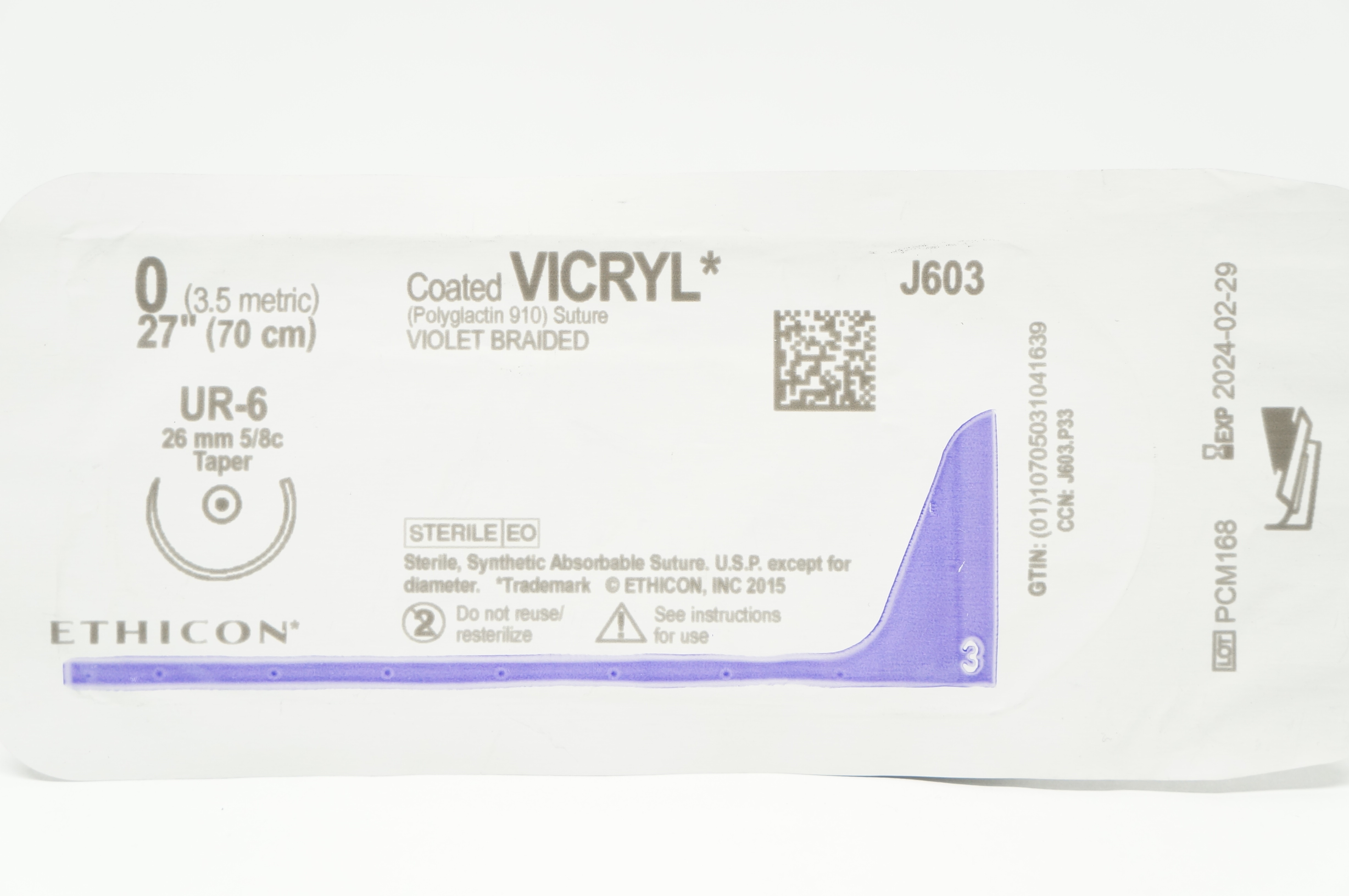 Ethicon J603 0 Coated VICRYL Stre UR-6 26mm 5/8c Taper 27inch