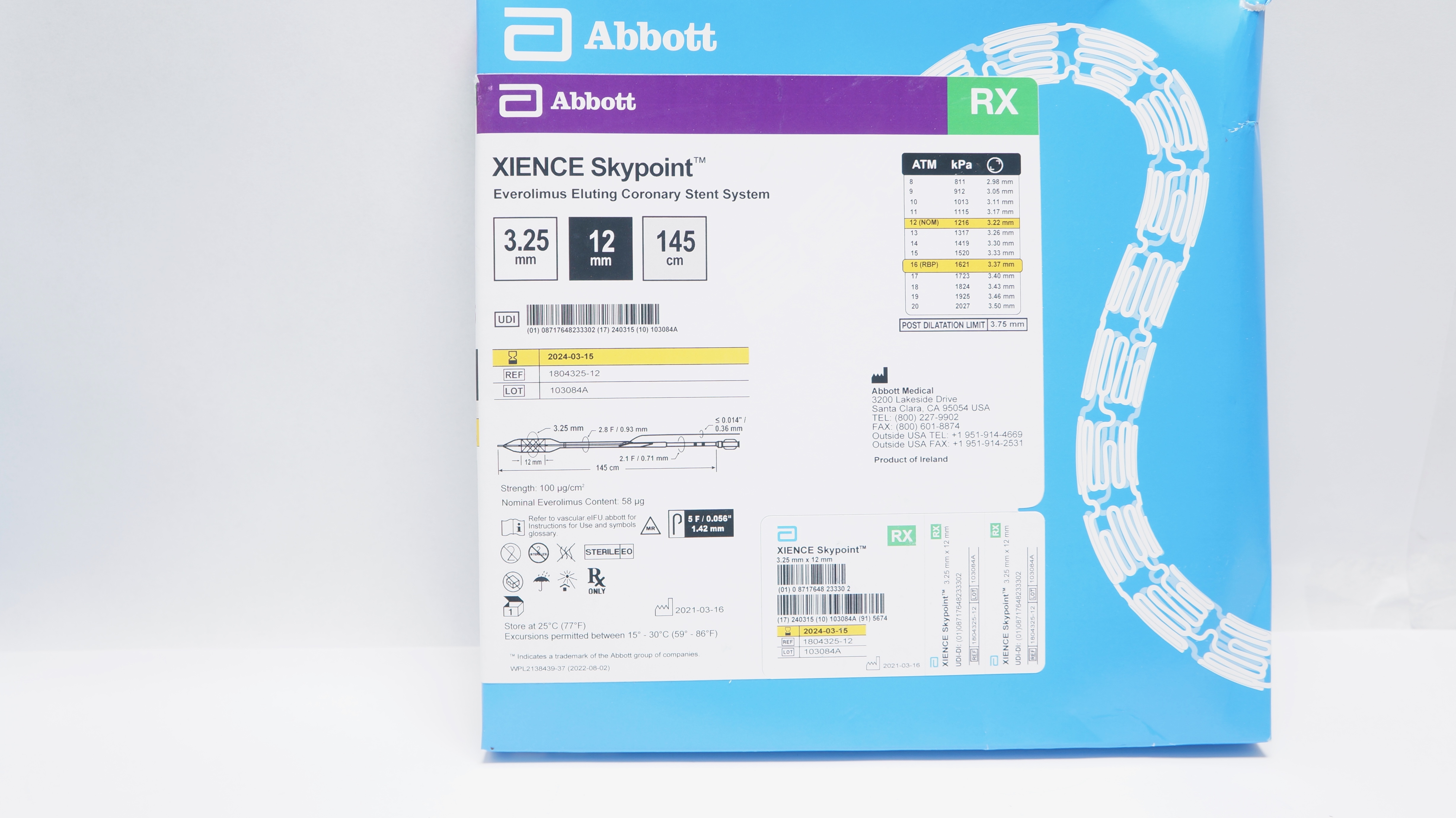 Abbott 1804325-12 Xience Skypoint Coronary Stnt System 3.25 x 12mm x 145cm (x)
