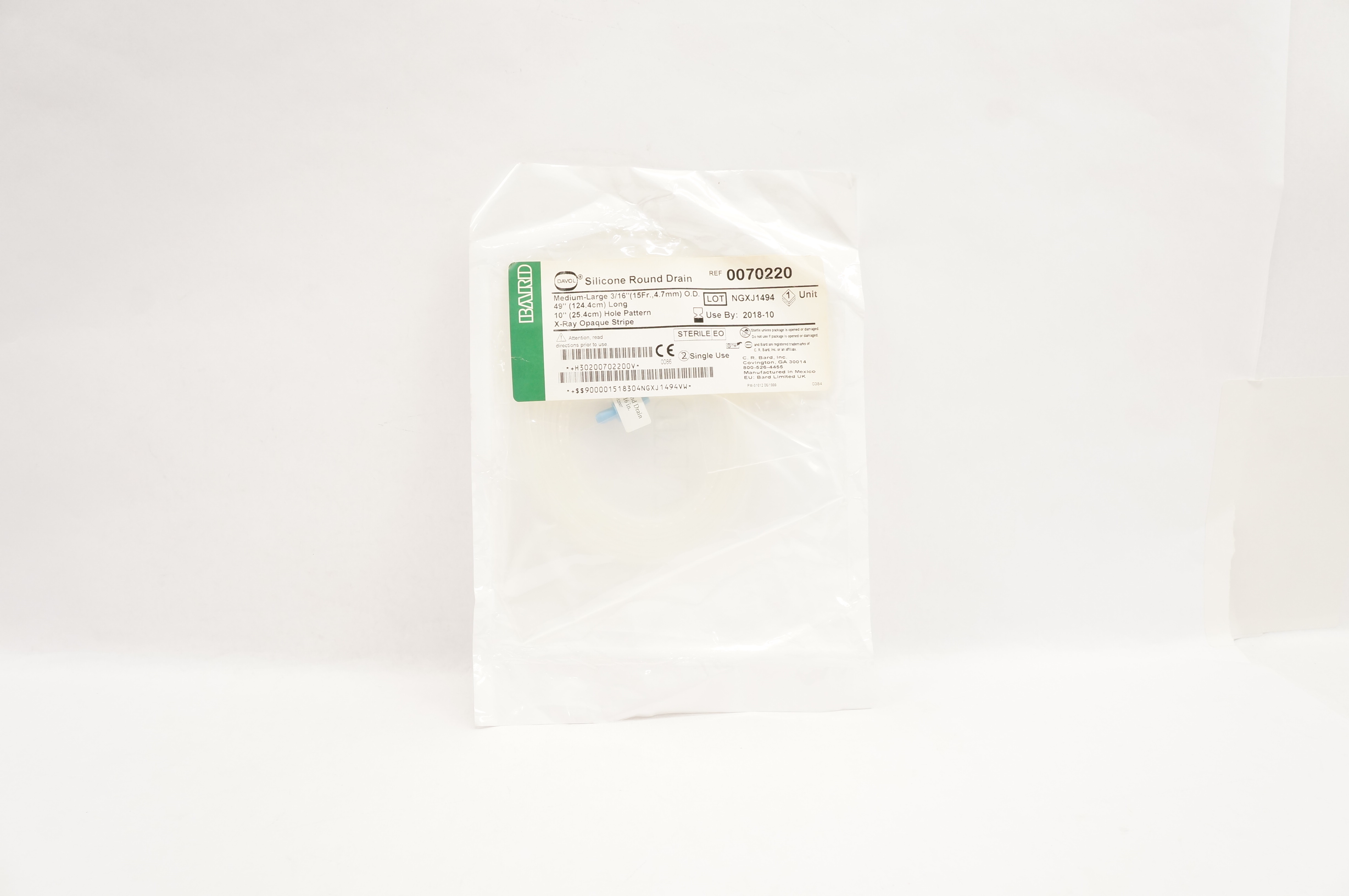 Bard 0070220 Davol Silicone Round Drain 3/16 inch O.D. x 49 inch x 10 inch (x)