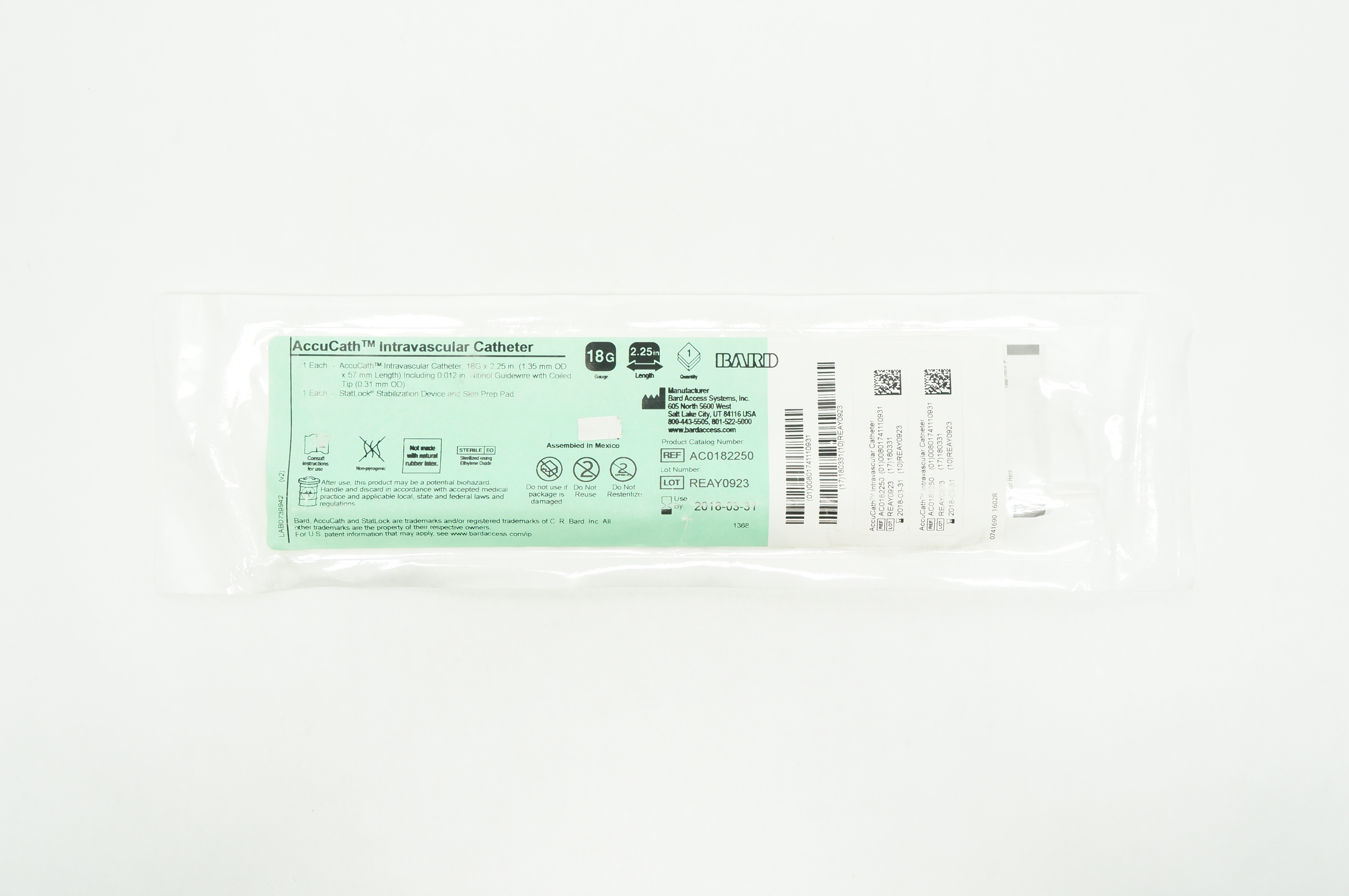 Bard AC0182250 AccuCath Intravascular Cath. 18G x 2.25 inch (x)