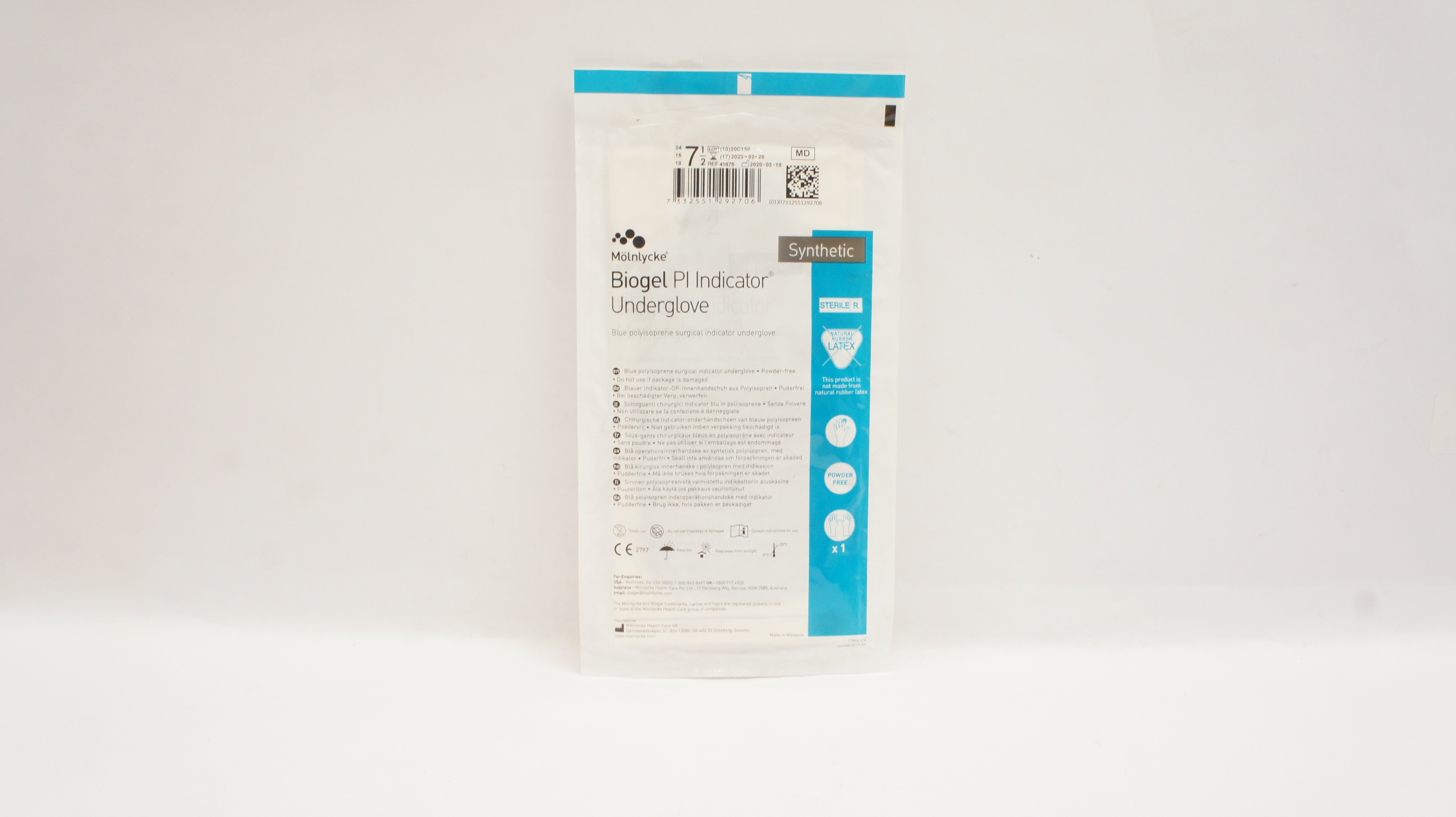 Molnlycke Healthcare 41675 Biogel PI Indicator Underglove, Size 7-1/2