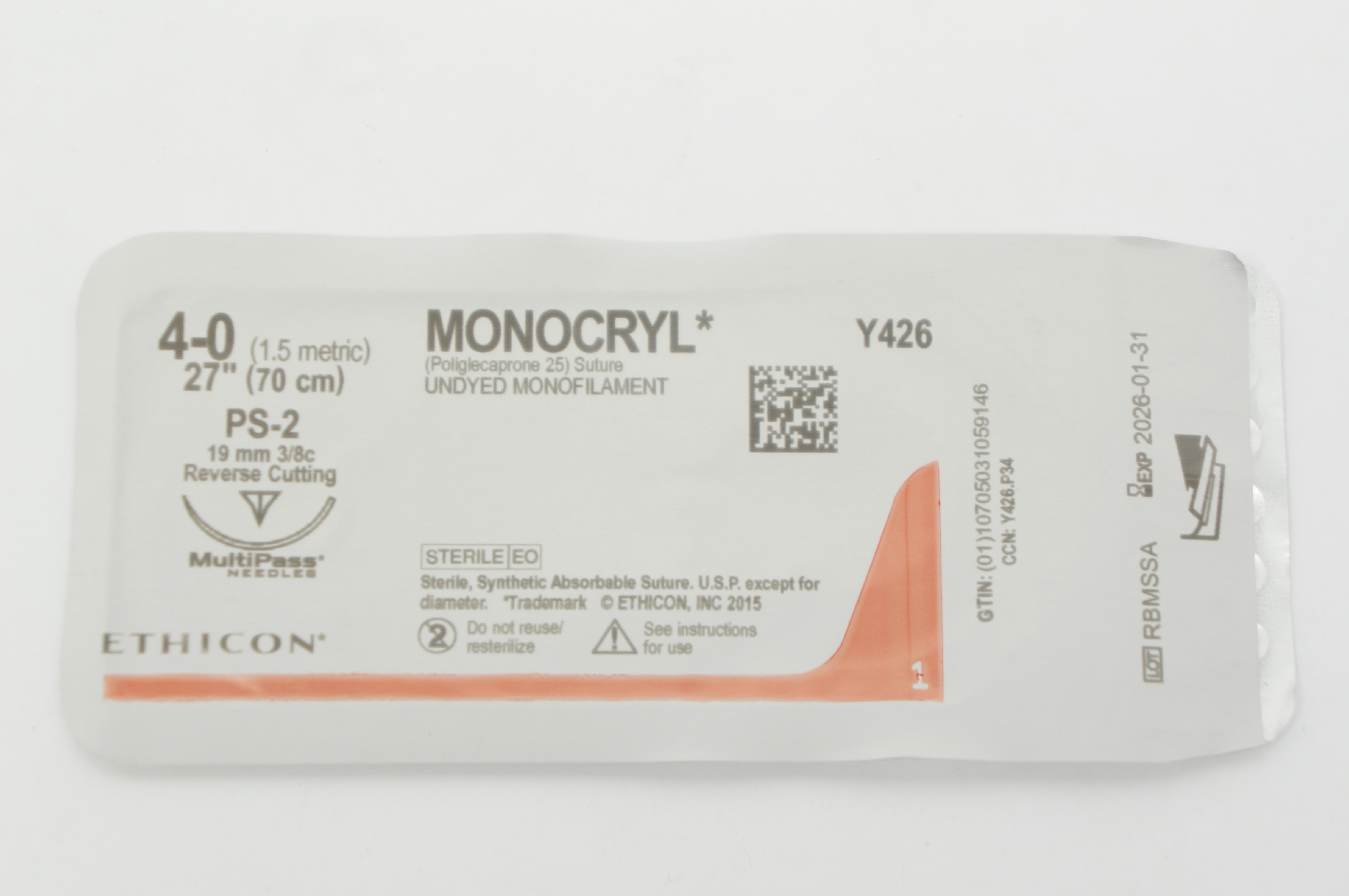 Ethicon Y426 4-0 Monocryl Synthetic Stre PS-2 19mm 3/8c ReverseCutting 27inch
