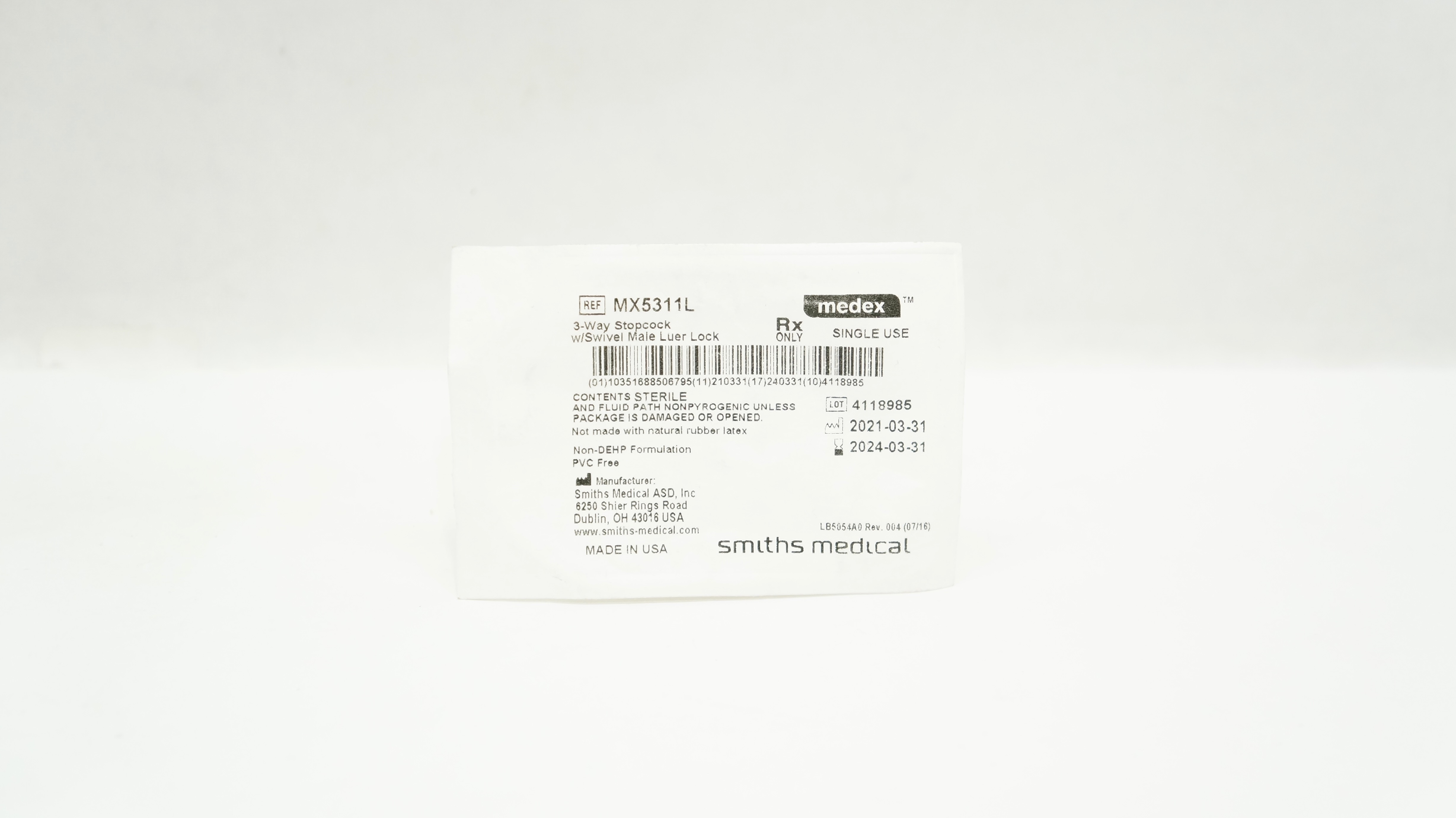 Smiths Medical MX5311L Medex 3-Way Stopcock with Swivel Male Luer Lock