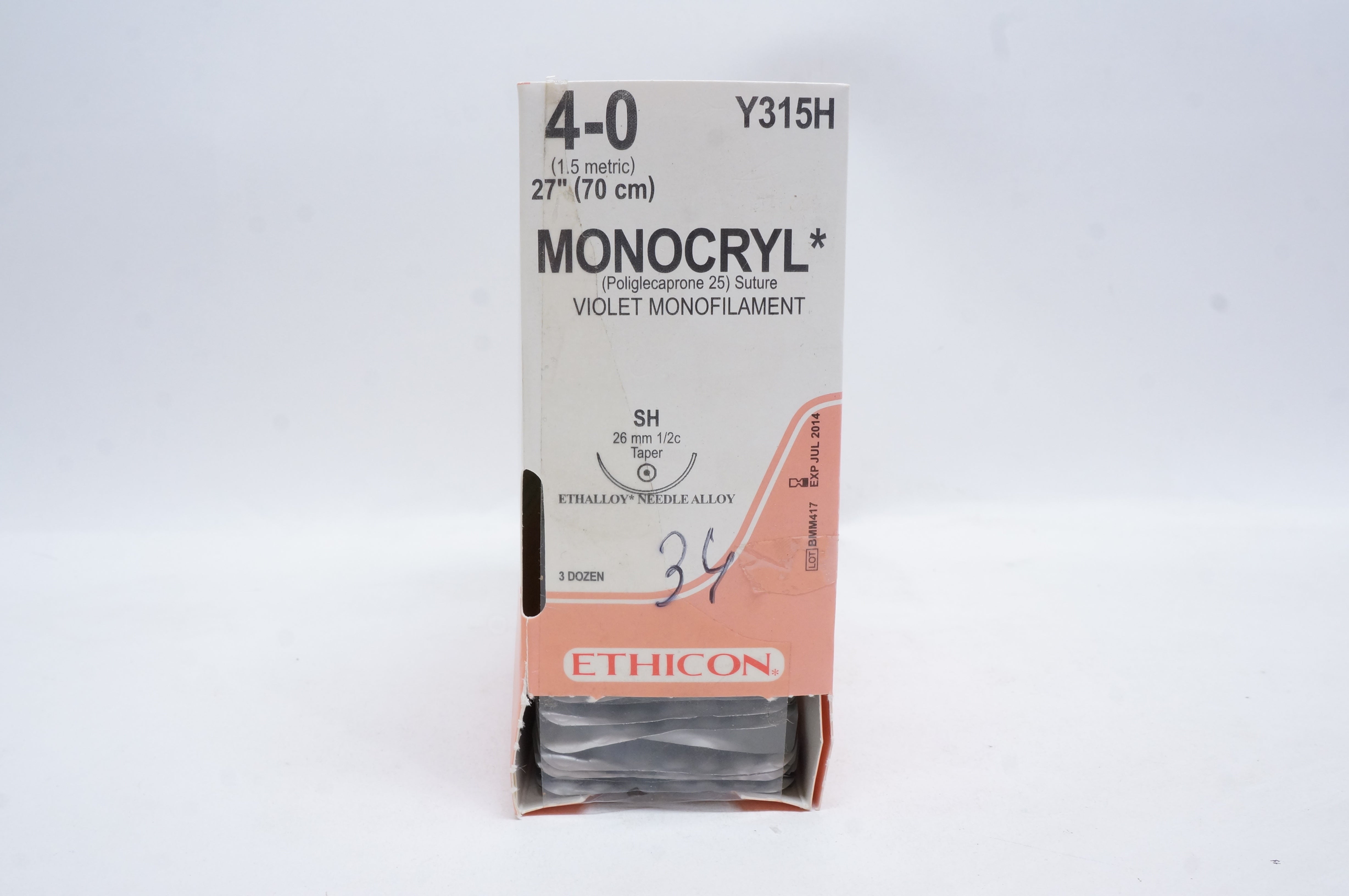 Ethicon Y315H 4-0 MONOCRYL, SH, 26mm 1/2c Taper, 27inch (x) - Box of 33