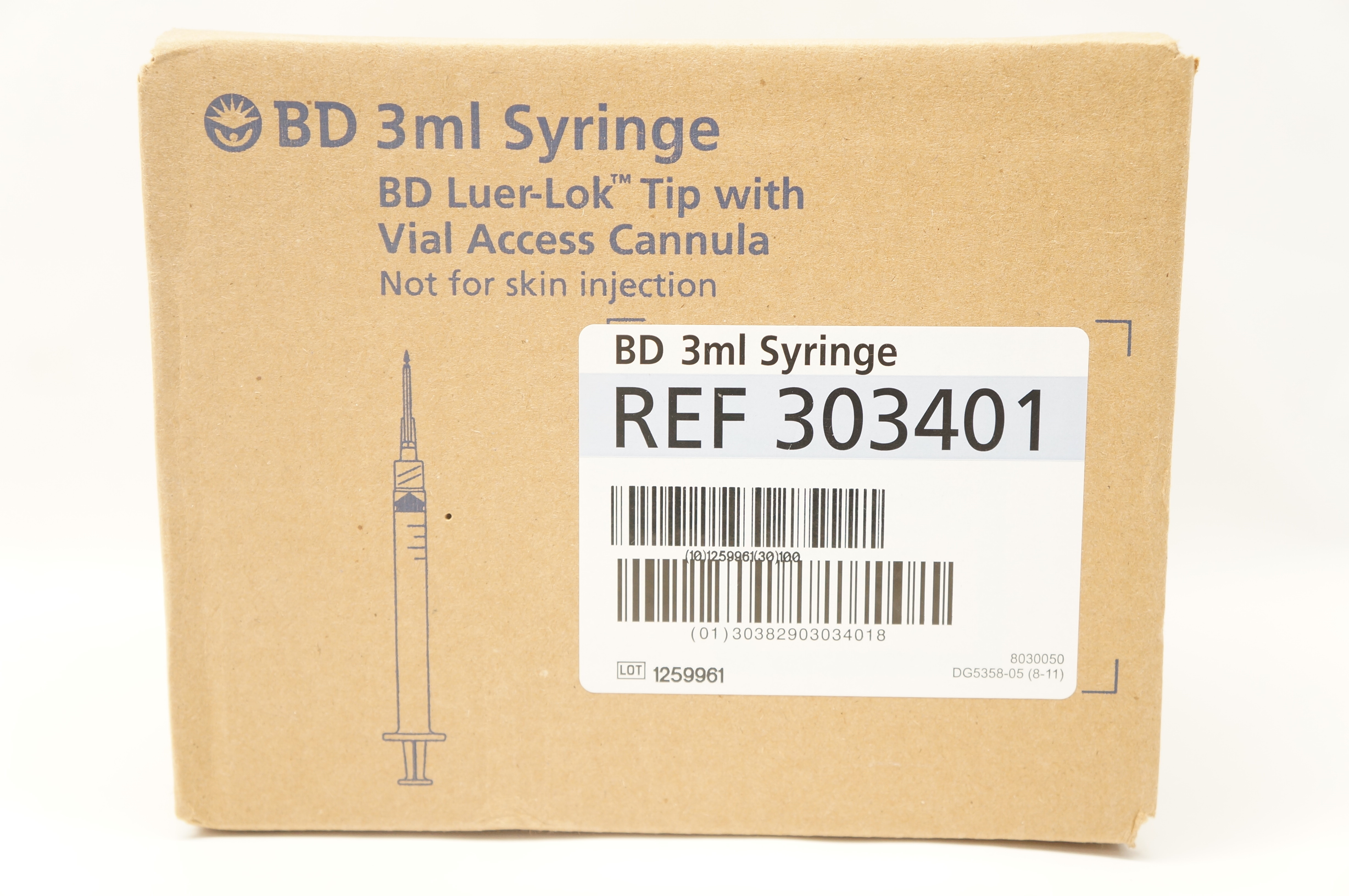 BD 303401 Luer-Lok Tip with Vial Access Cannula 3ml Syringe - Box of 100