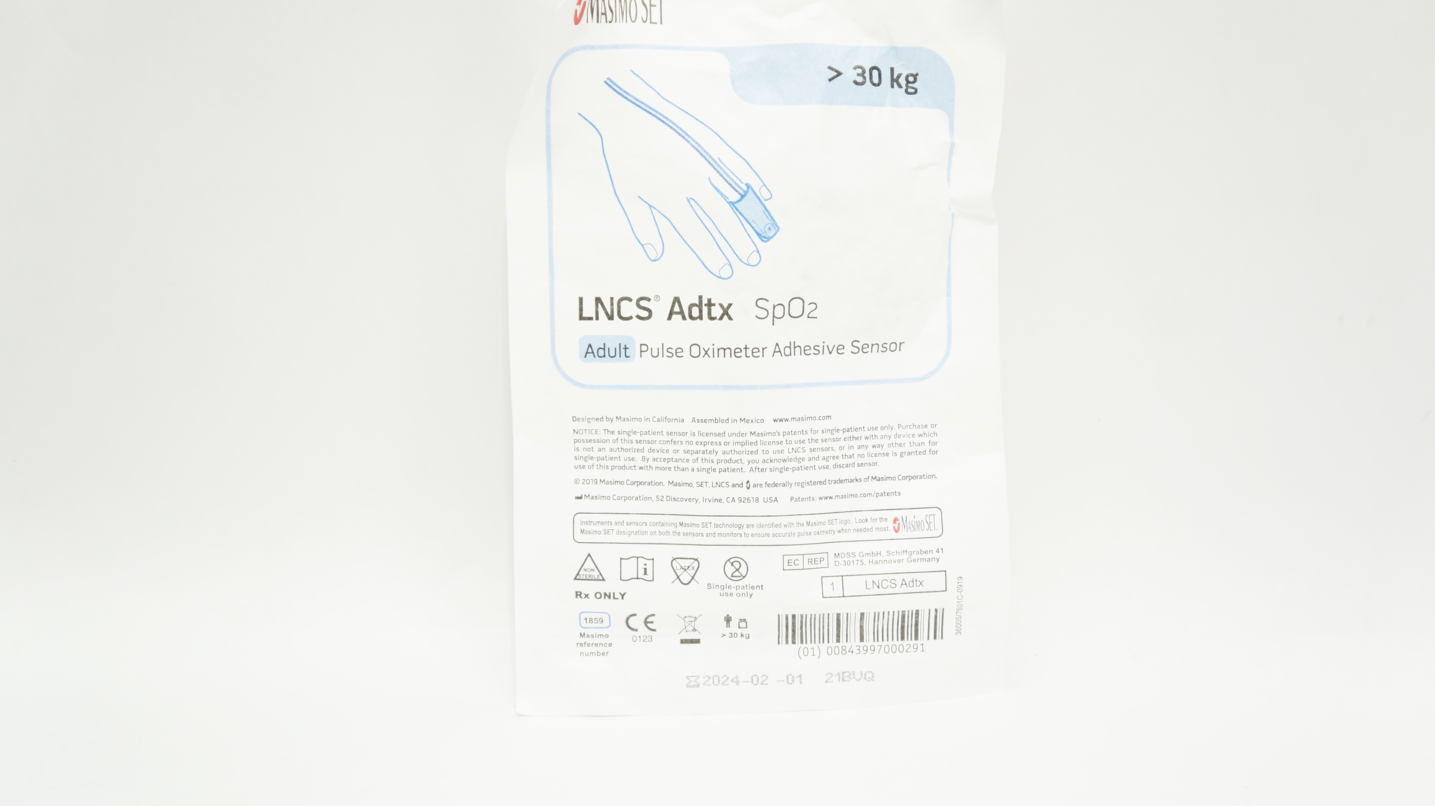 Masimo 1859 LNCS Adtx SpO2 Adult Pulse Oximeter Adhesive Sensor >30 kg