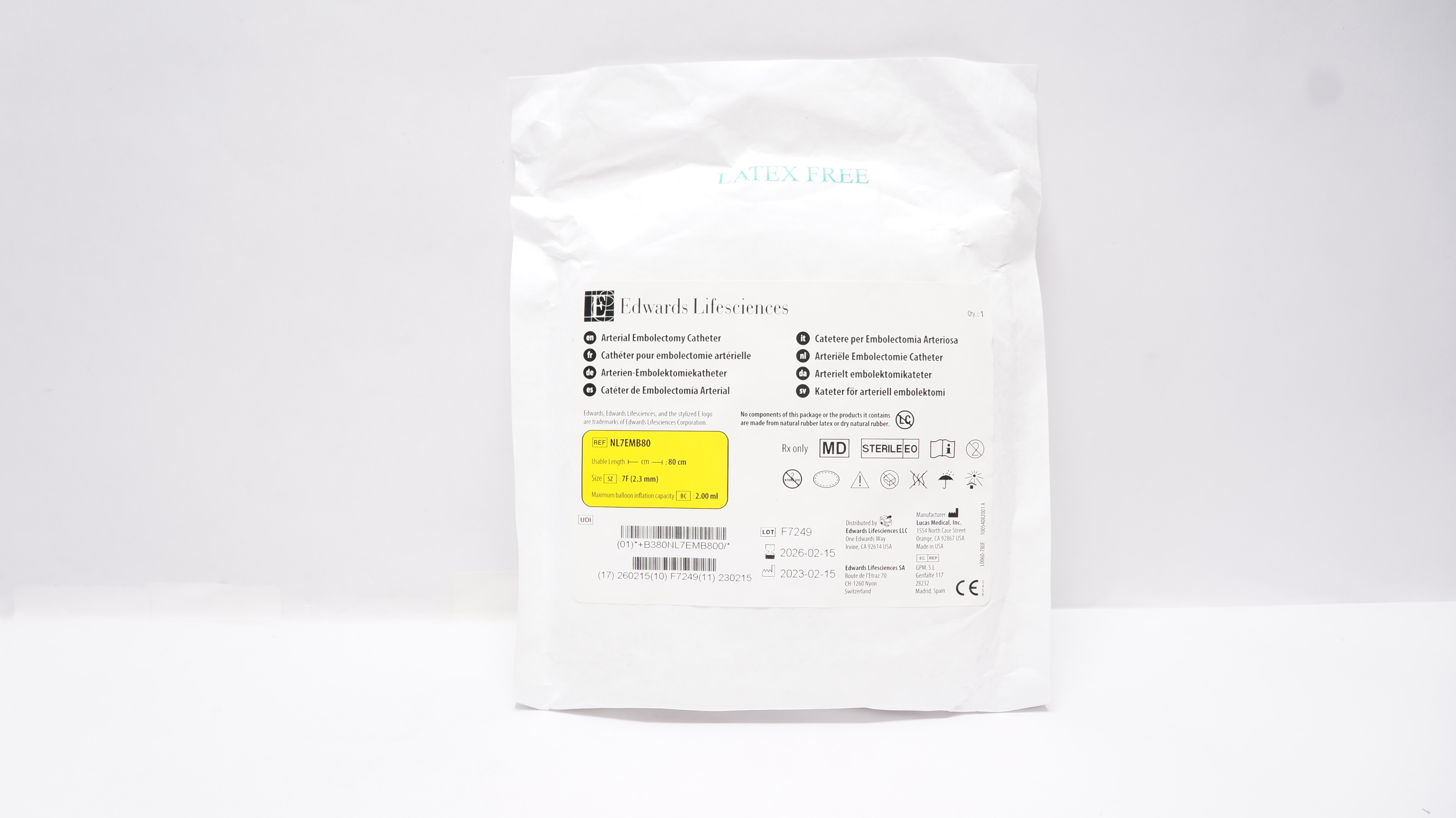 Edwards Lifesciences NL7EMB80T Arterial Embolectomy Cath. 7F x 80cm 2.00ml