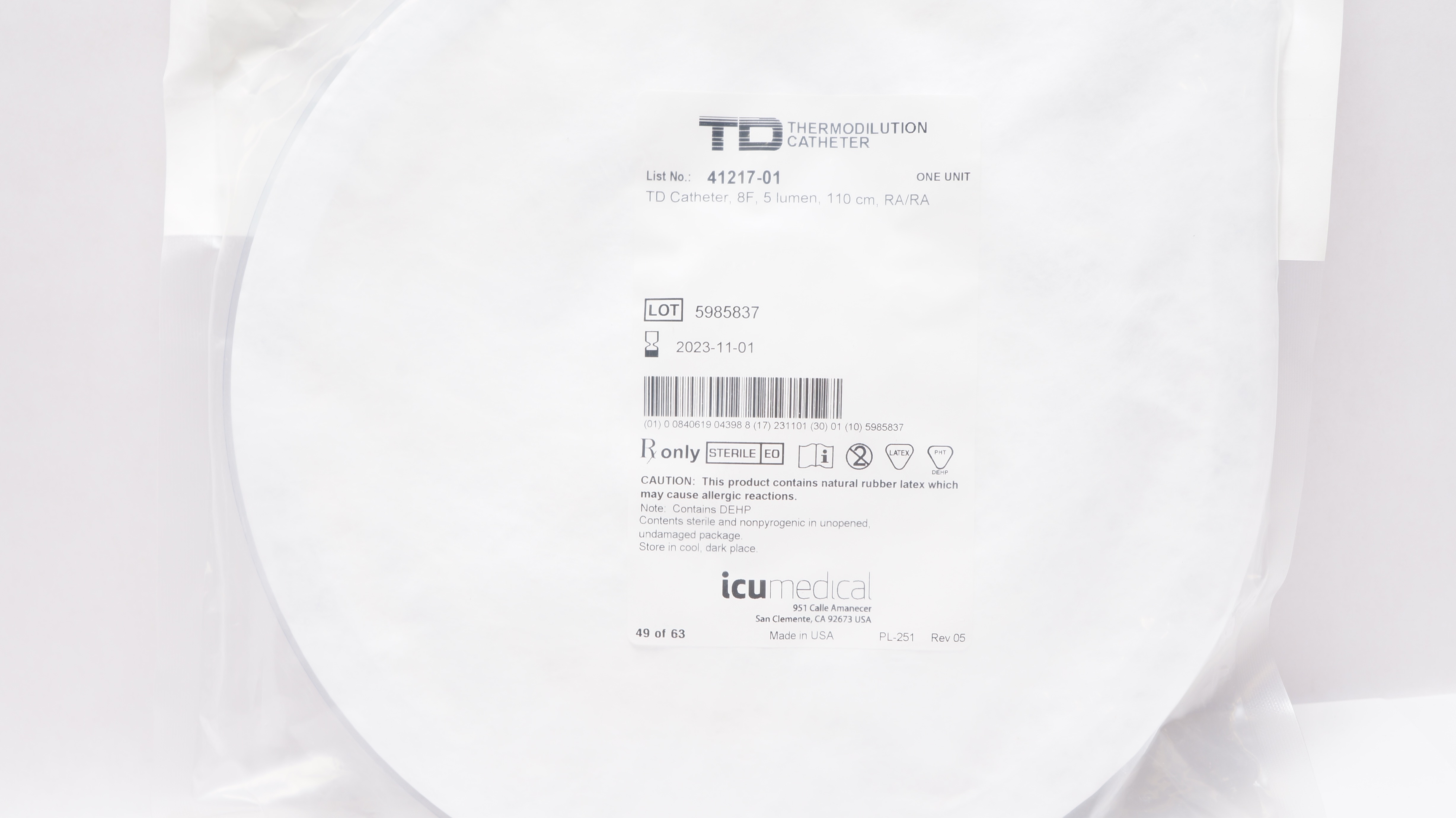 ICU Medical 41217-01 TD Thermodilution Cath. 5 Lumen 8F x 110cm RA/RA (x)