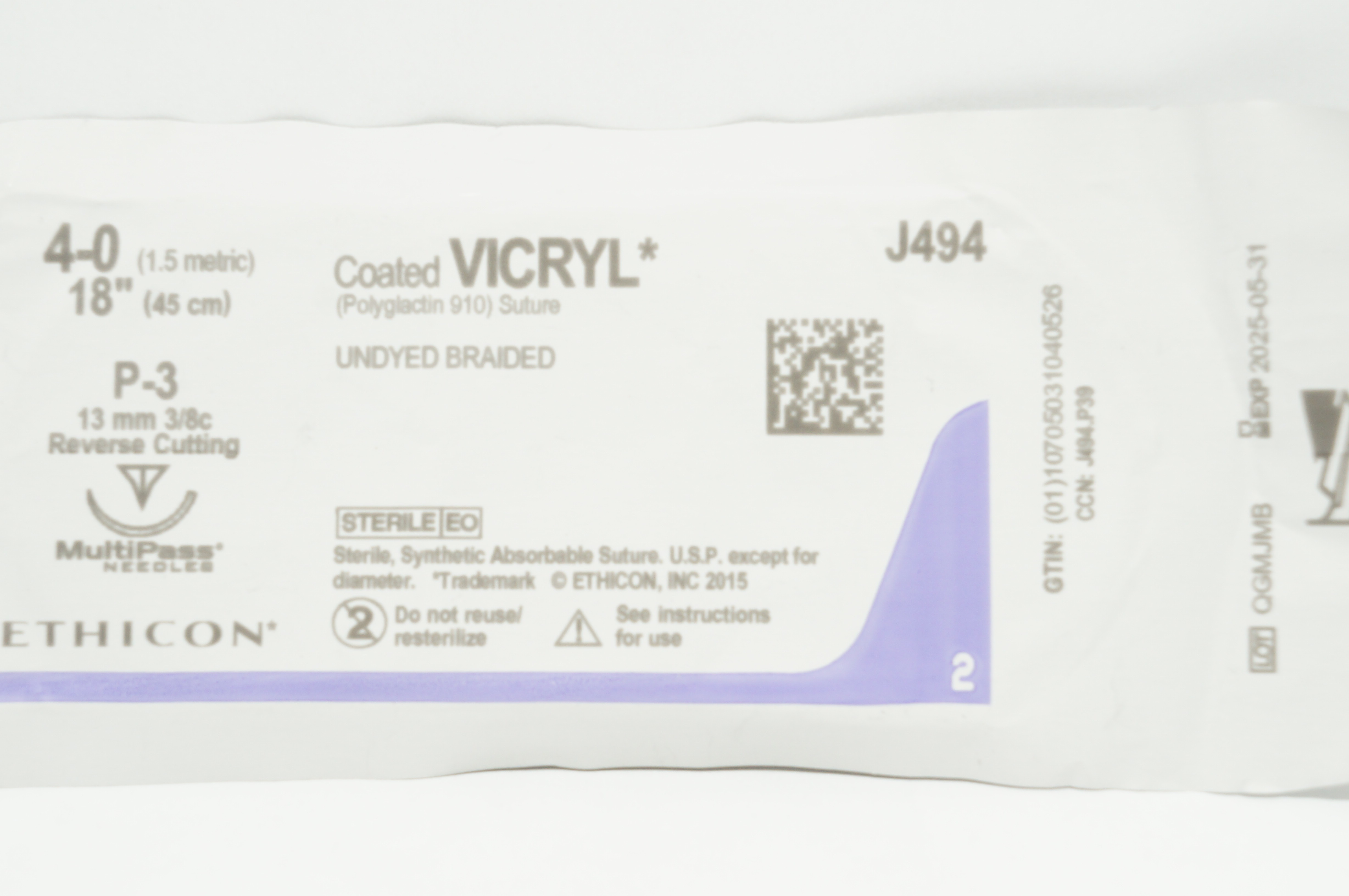 Ethicon J494 4-0 Coated Vicryl Stre P-3 13mm 3/8c Reverse Cutting 18inch