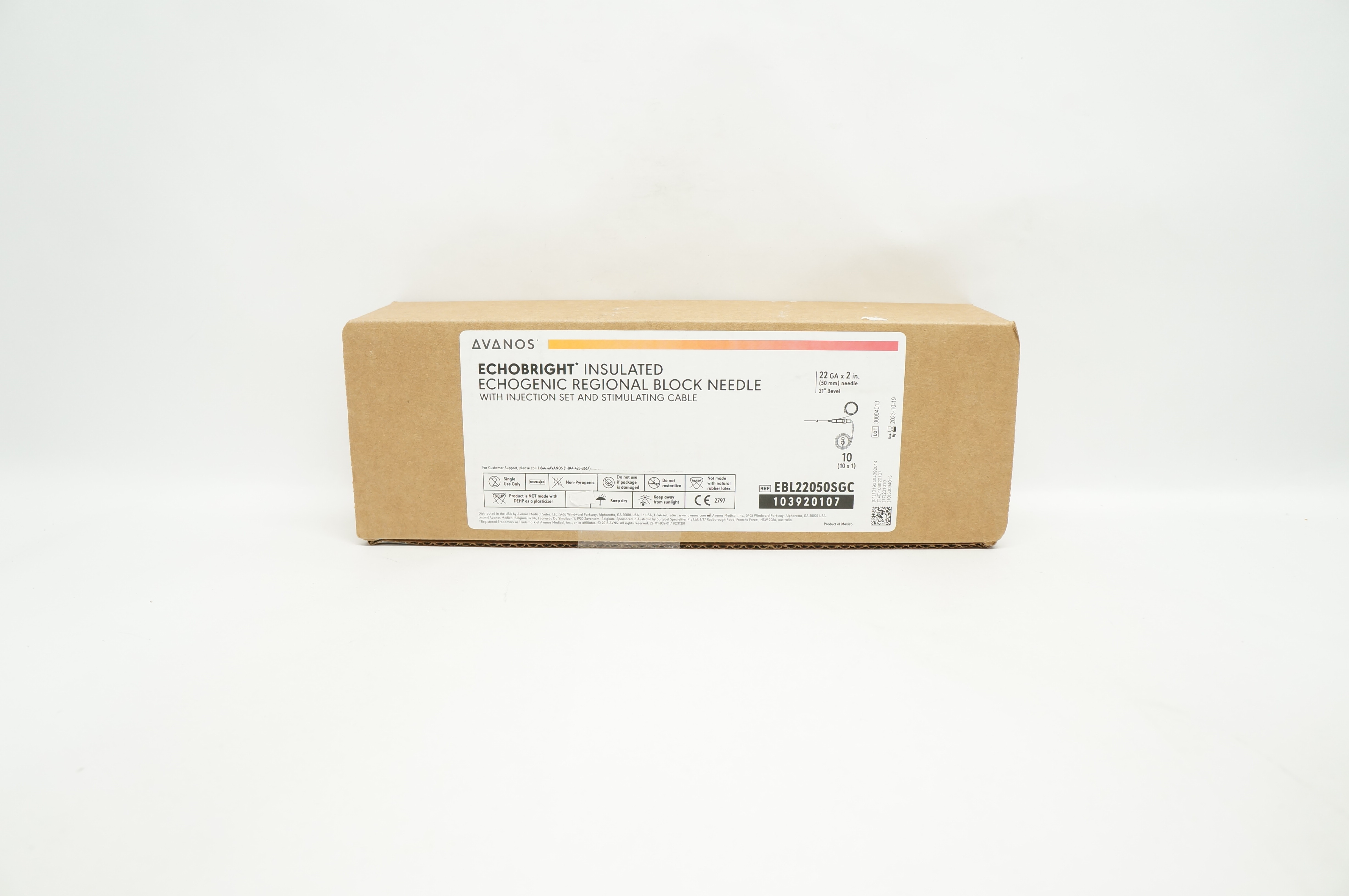 Avanos EBL22050SGC EchoBright Insulated Echogenic Block Ndle 22Ga x 2in-Box of10