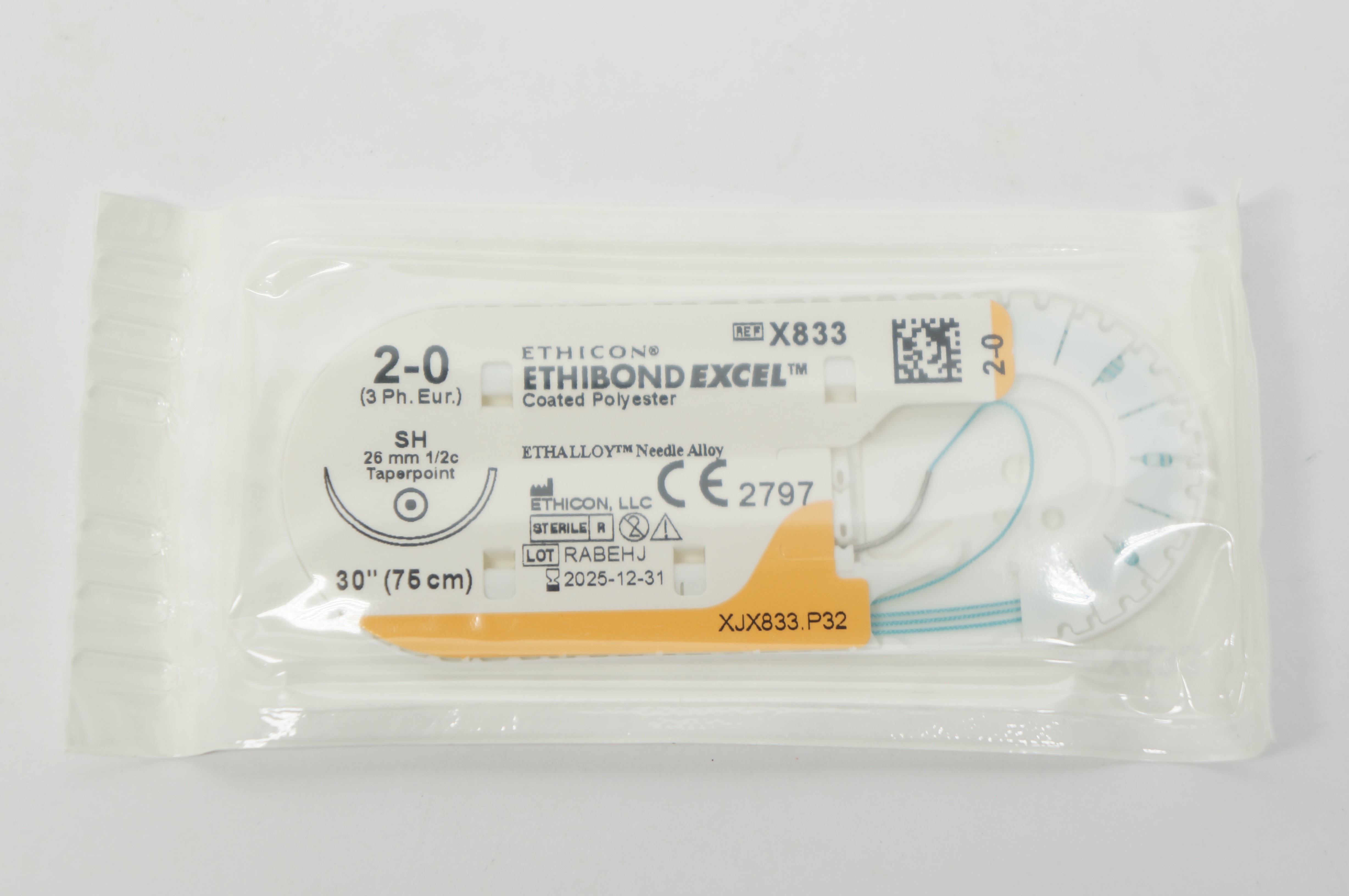 Ethicon X833 2-0 ETHIBOND EXCEL, SH, 26mm 1/2c Taperpoint, 30inch