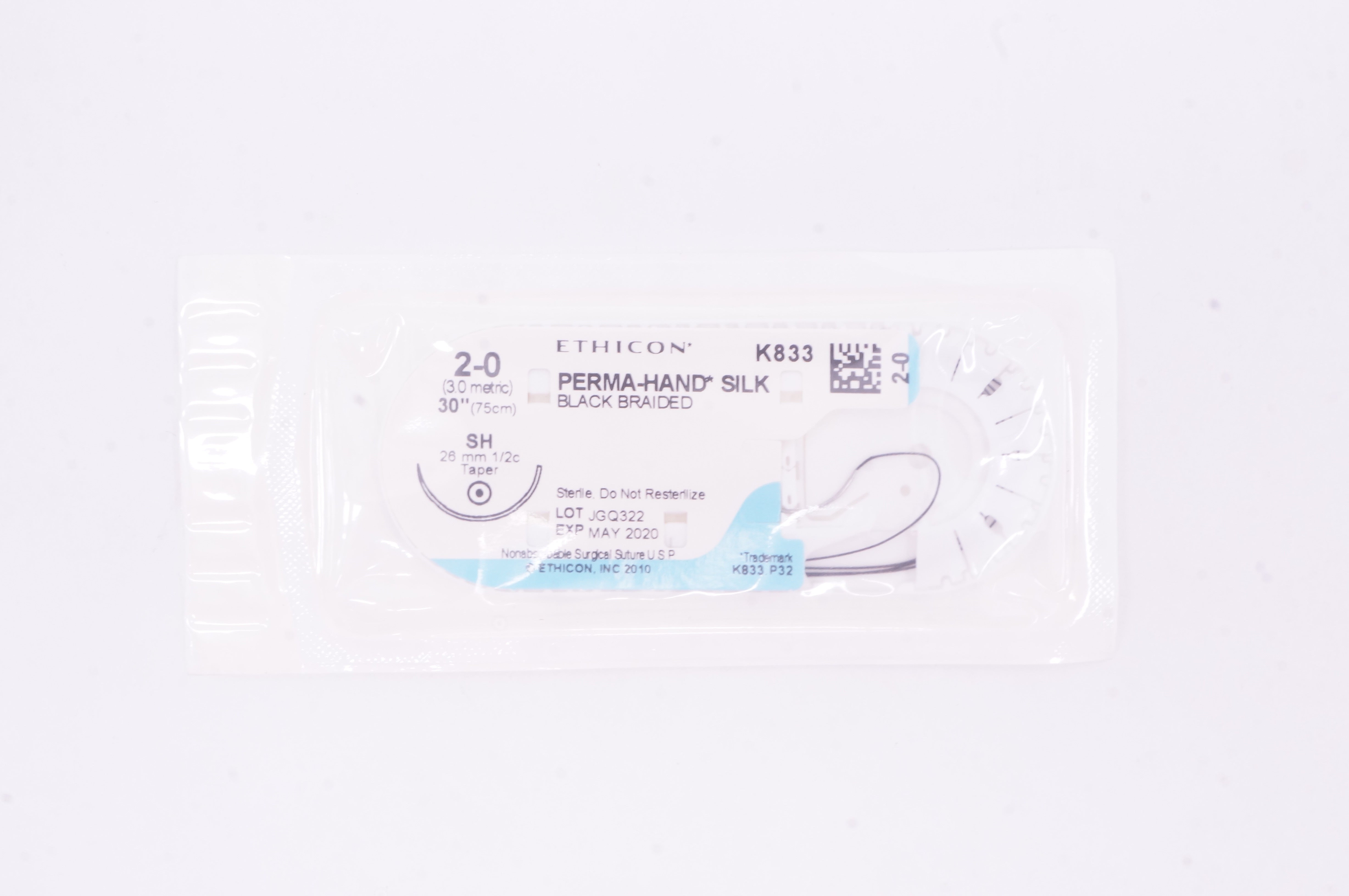 Ethicon K833 2-0 PERMA-HAND SILK Stre, SH, 26mm 1/2c Taper, 30inch