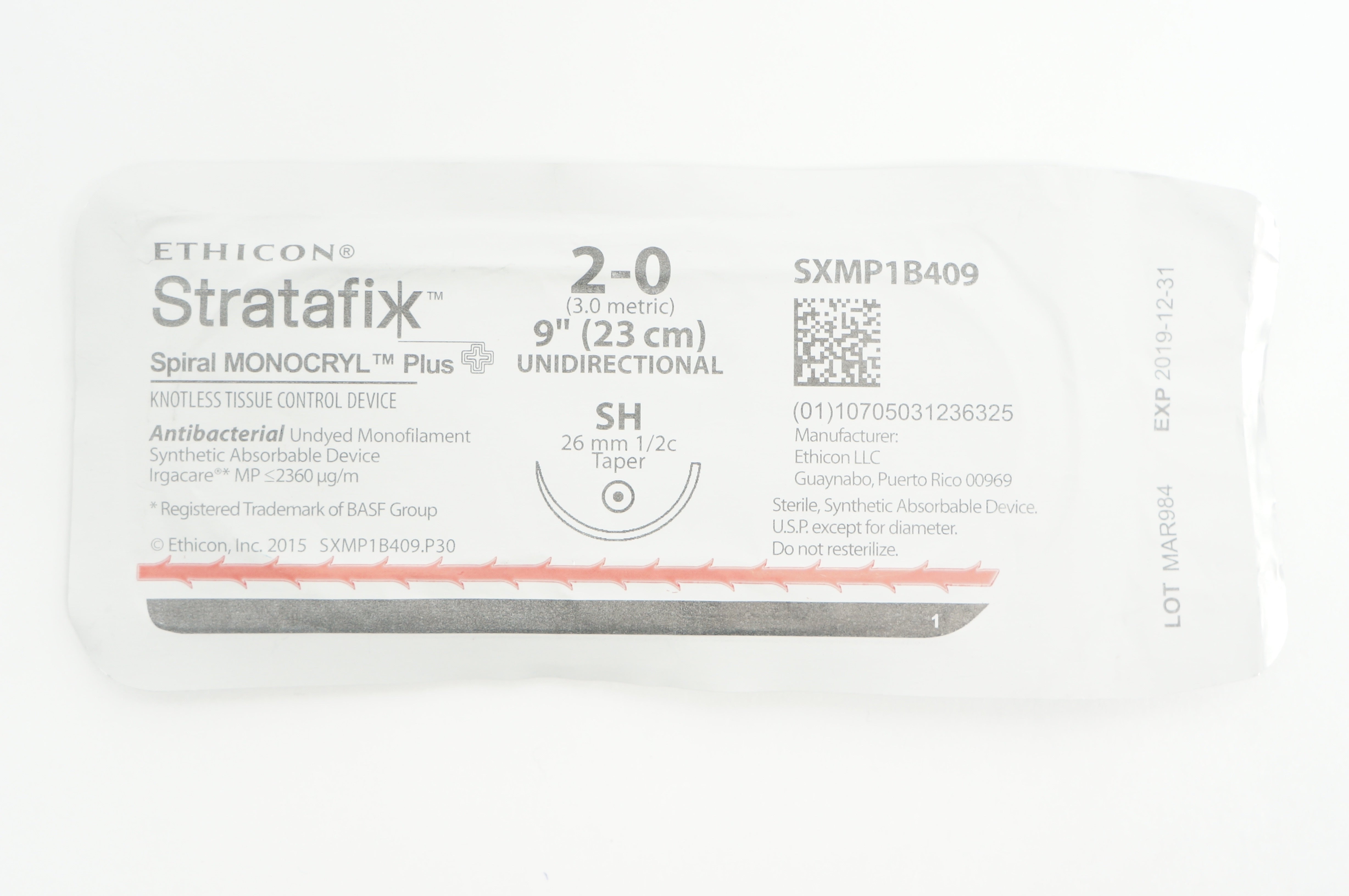 Ethicon SXMP1B409 2-0 STRATAFIX Spiral MONOCRYL SH 26mm 1/2c Taper, 9in(x)