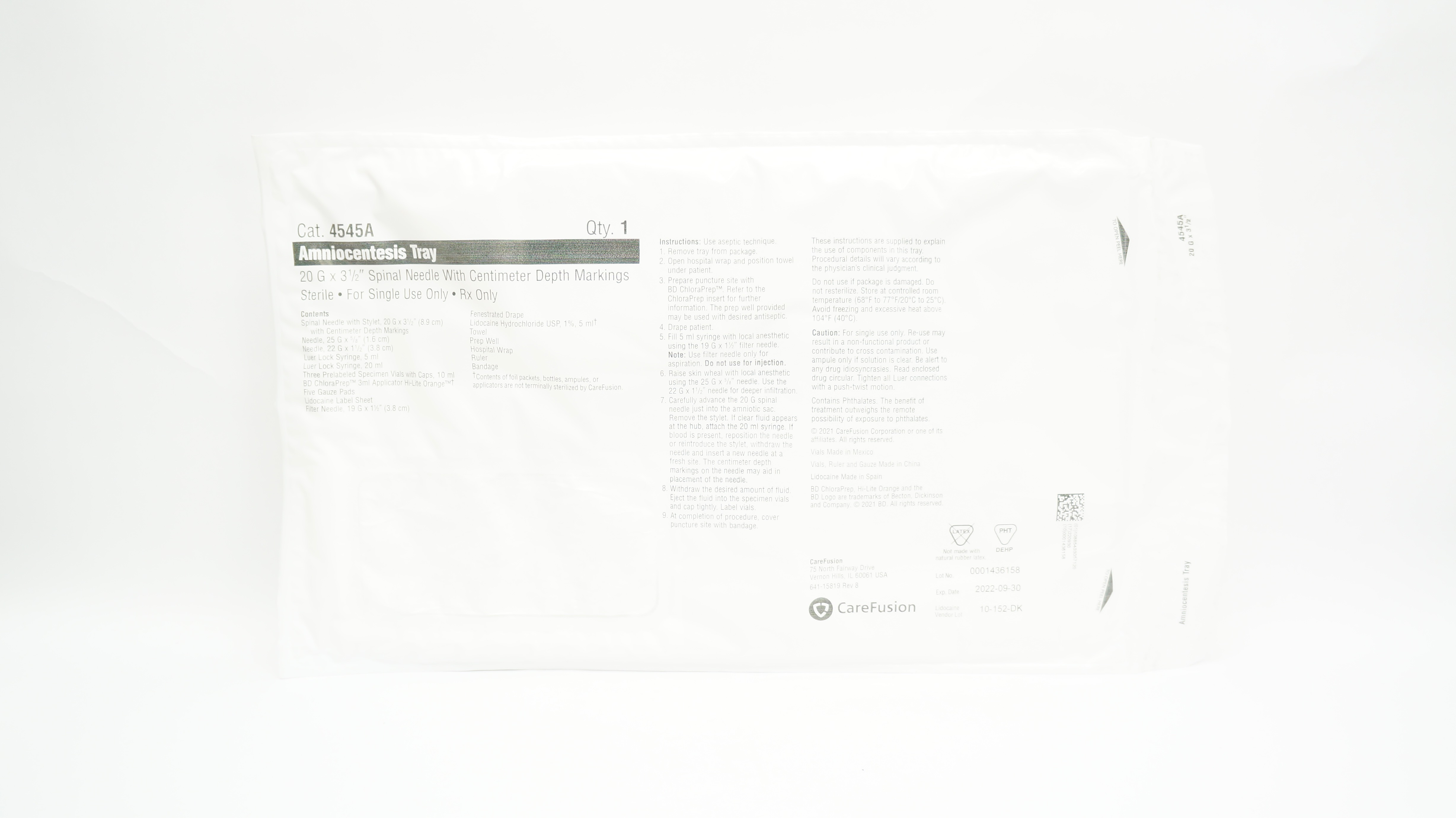 CareFusion 4545A Amniocentesis Tray w/Spinal Ndle. 20G x 3-1/2inch (x)