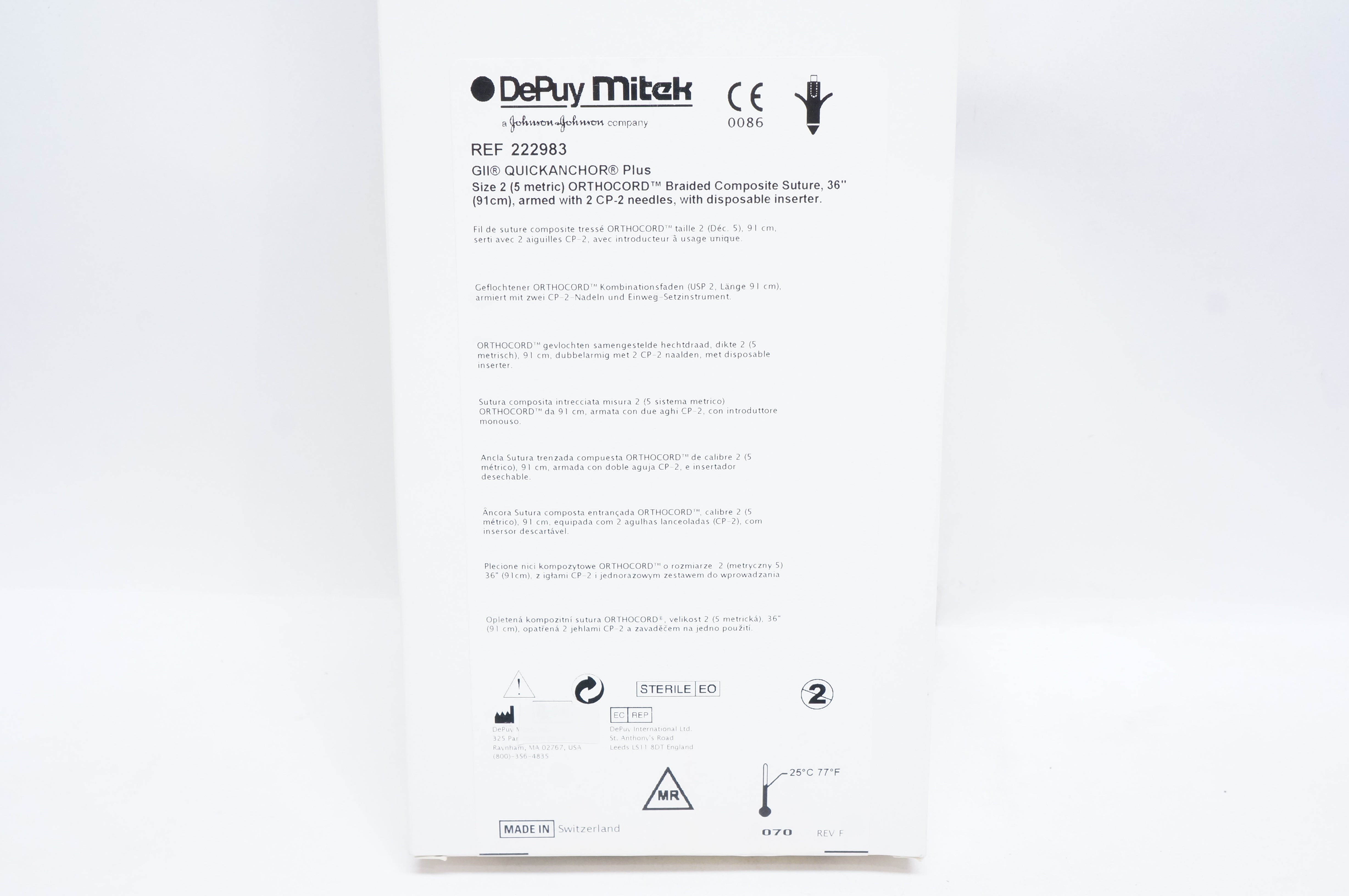 DePuy Mitek 222983 GII QUICKANCHOR Plus, Size 2 ORTHOCORD Braided Composite (x)