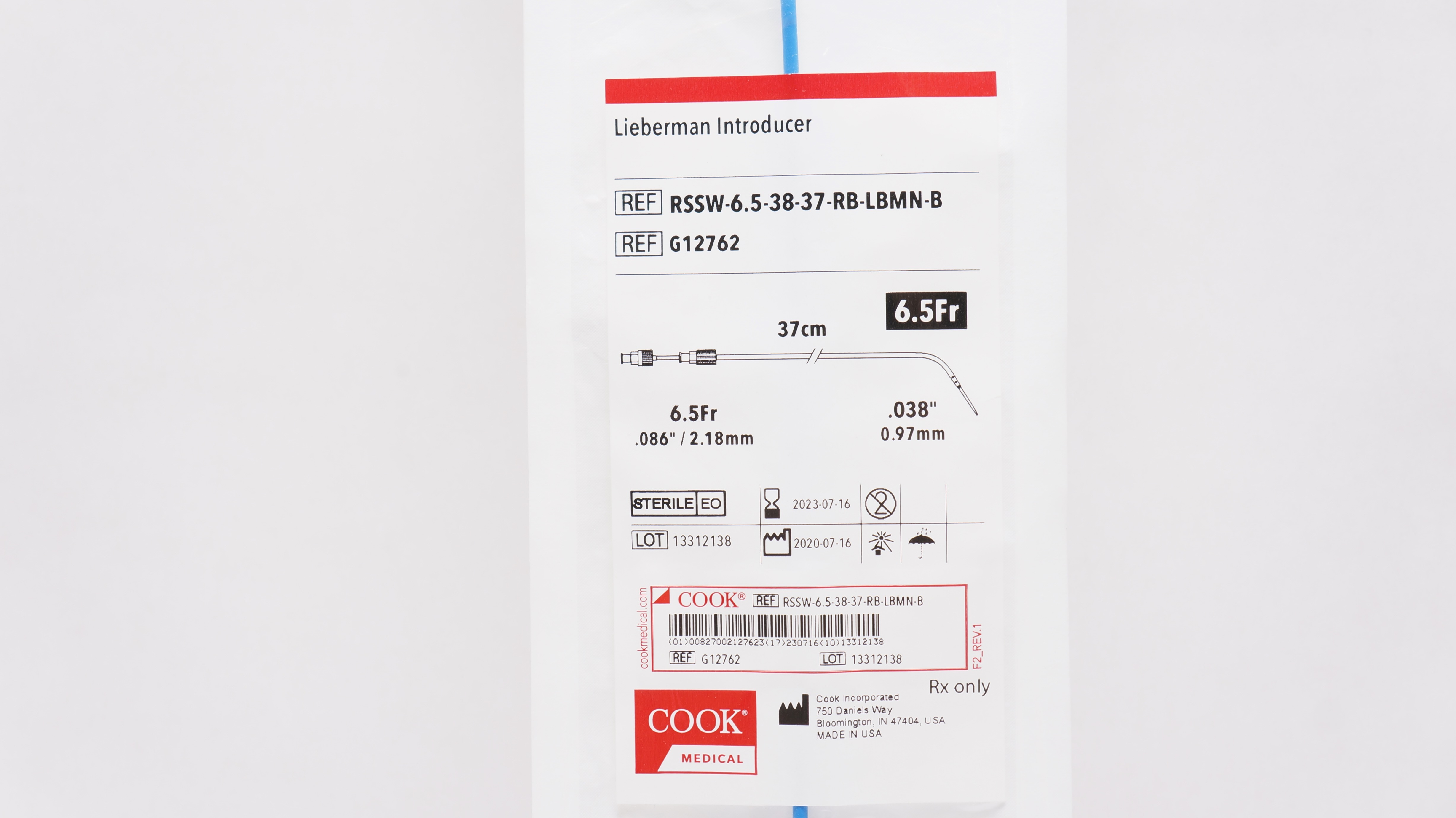 Cook Medical G12762 Lieberman Introducer 6.5Fr x 37cm  x .038inch (x)