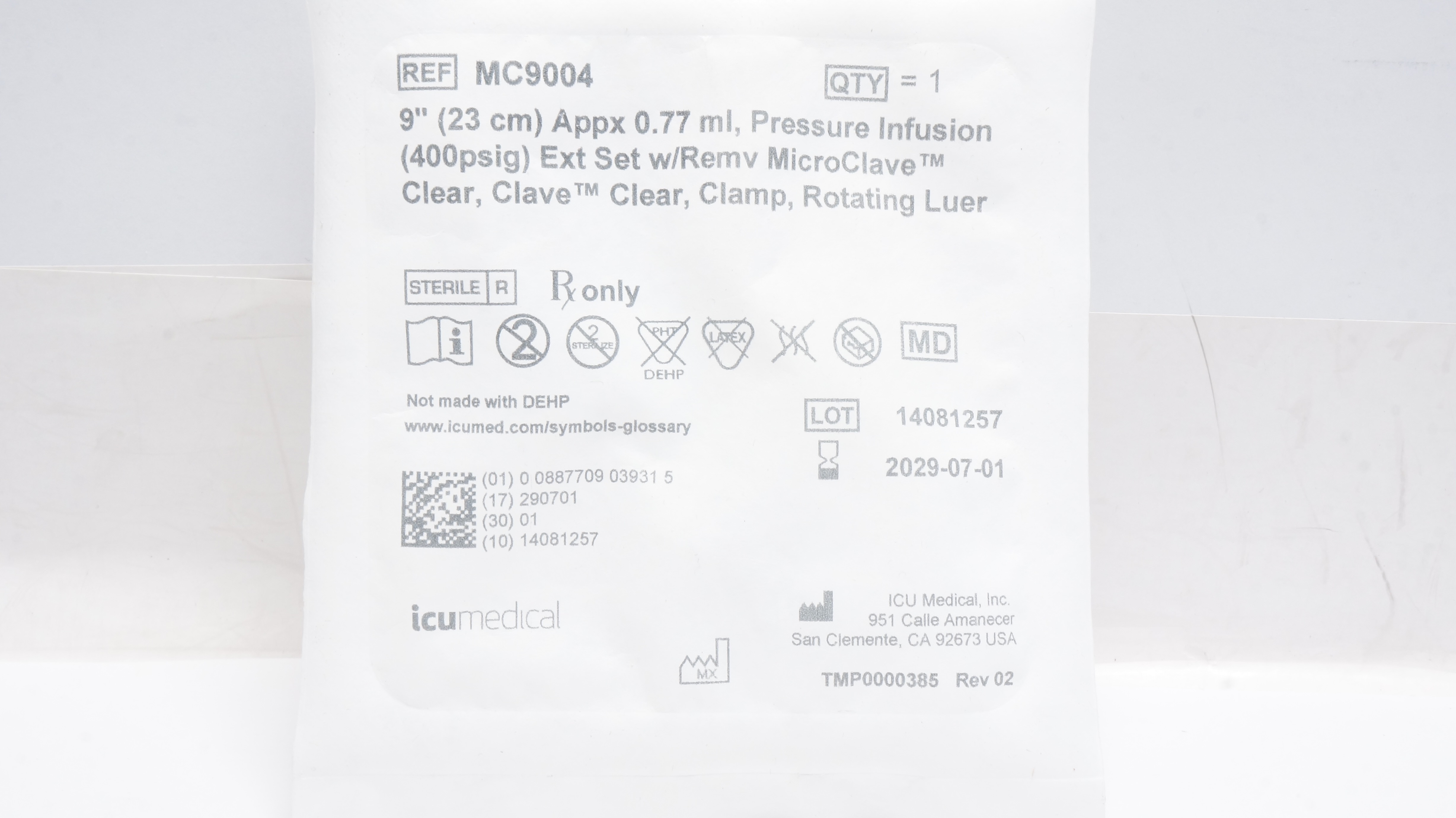 ICU Medical MC9004 Pressure Infusion Extension Set 9inch x 0.77ml Appx.