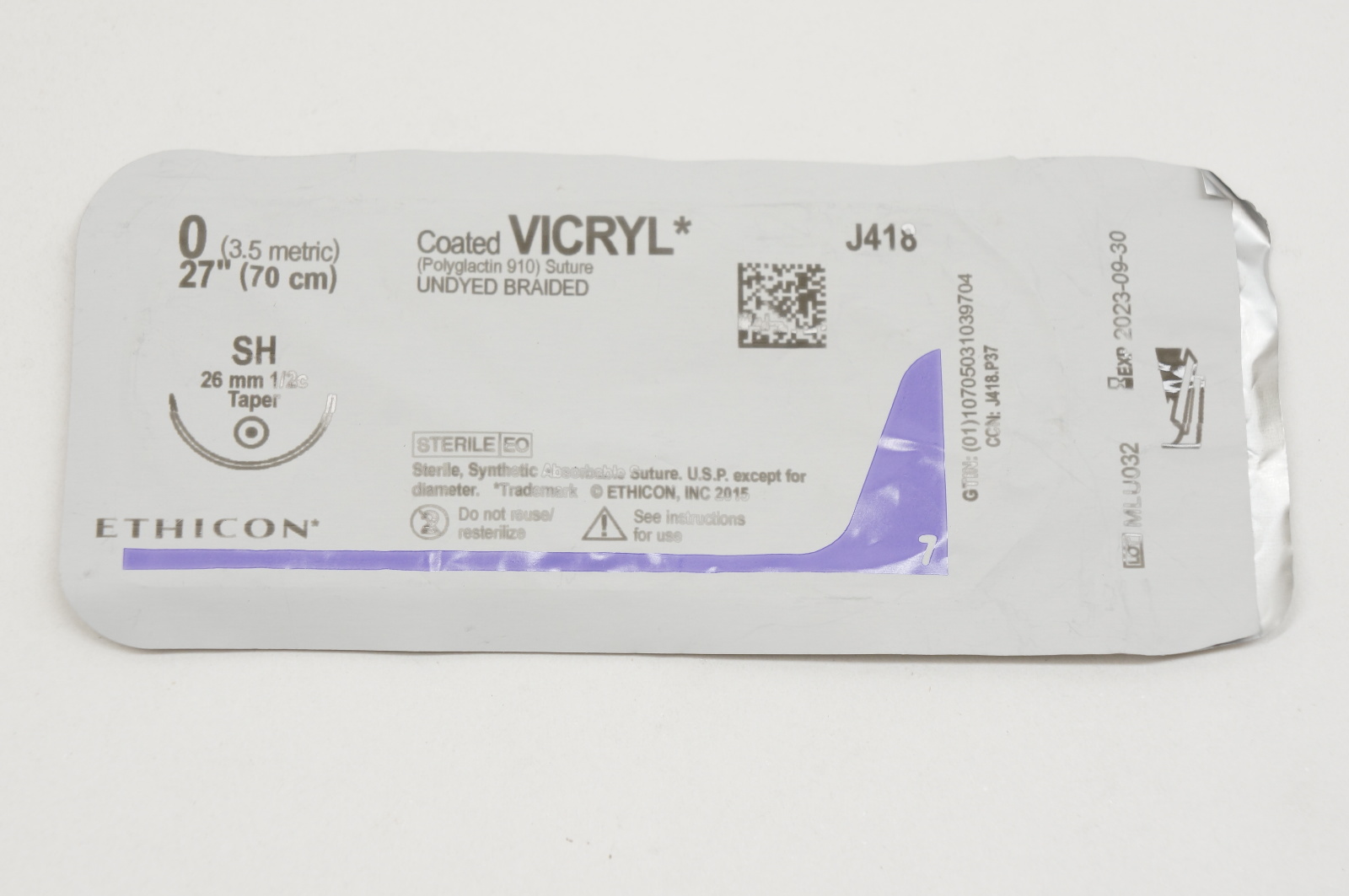 Ethicon J418 0 VICRYL, SH, 26mm 1/2c Taper, 27inch