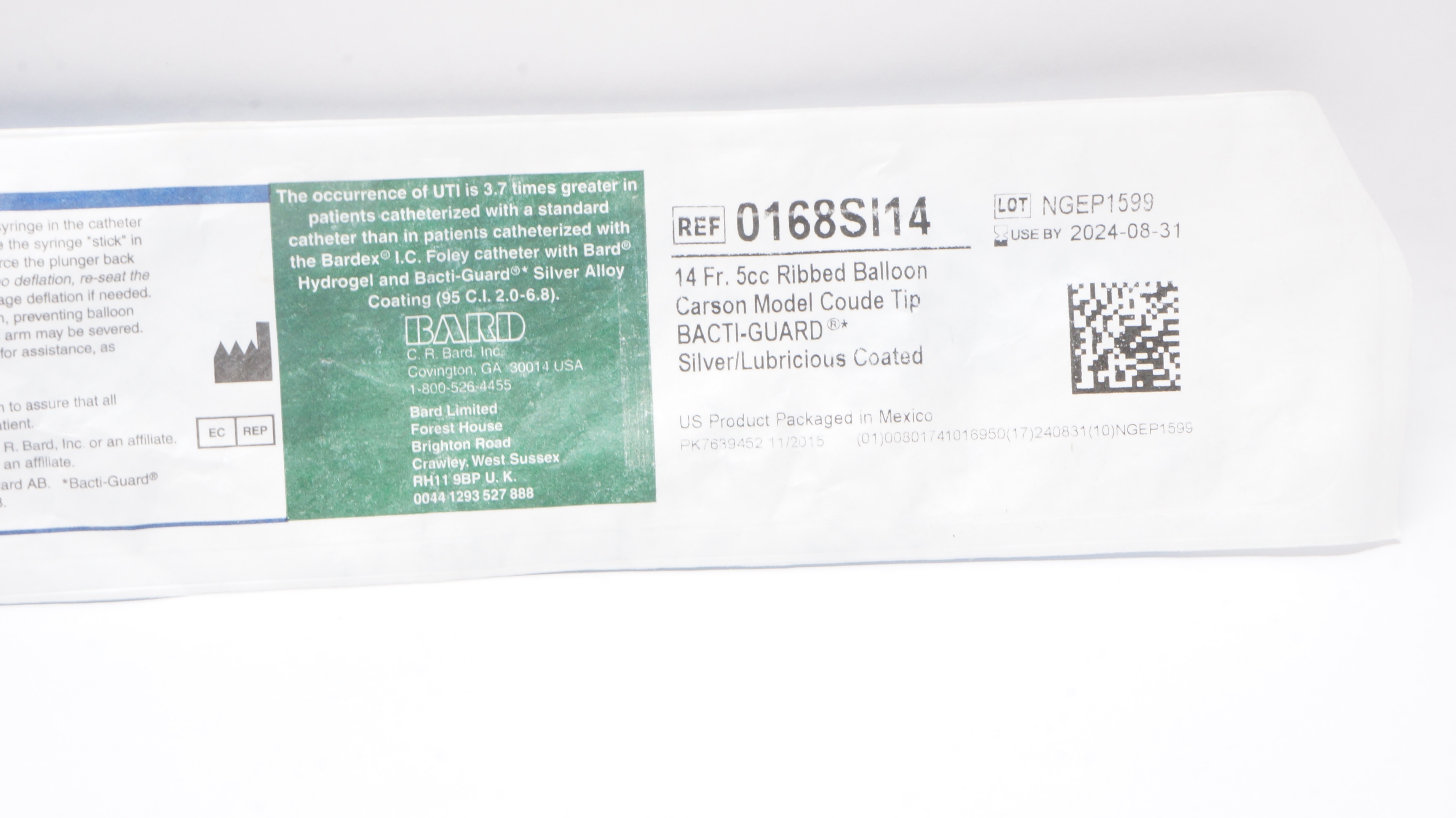 Bard 0168SI14 Bardex I.C. Anti-Infective Foley Cath. 14 Fr 5cc Ribbed Balloon(x)